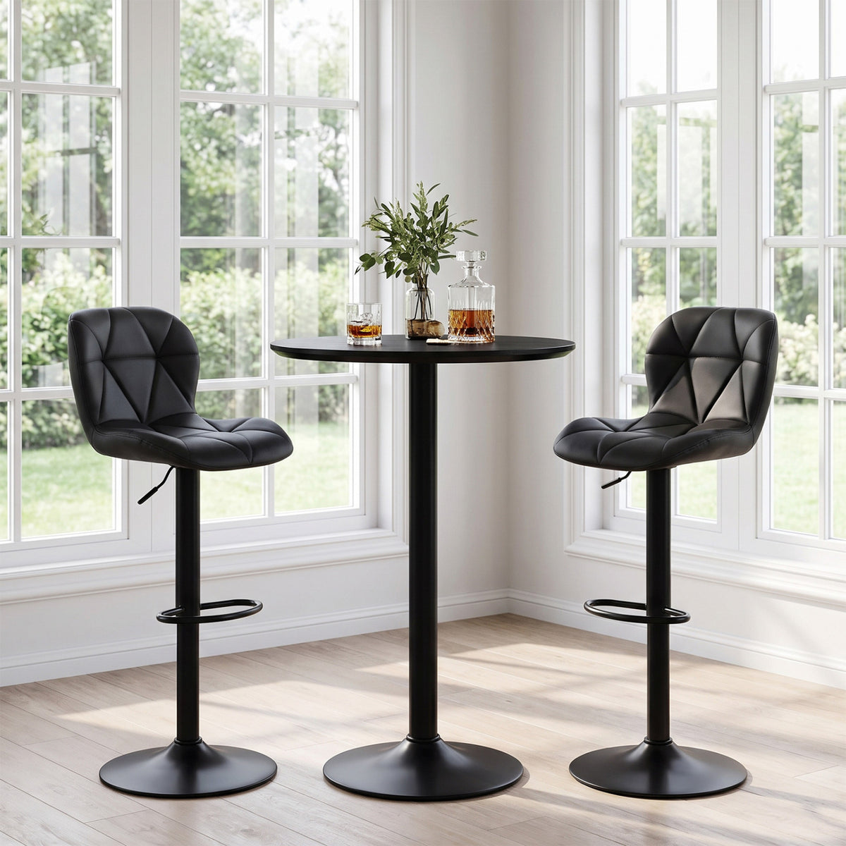 Set of 2 Upholstered Swivel Bar Stools with Adjustable Height and Curved Backs