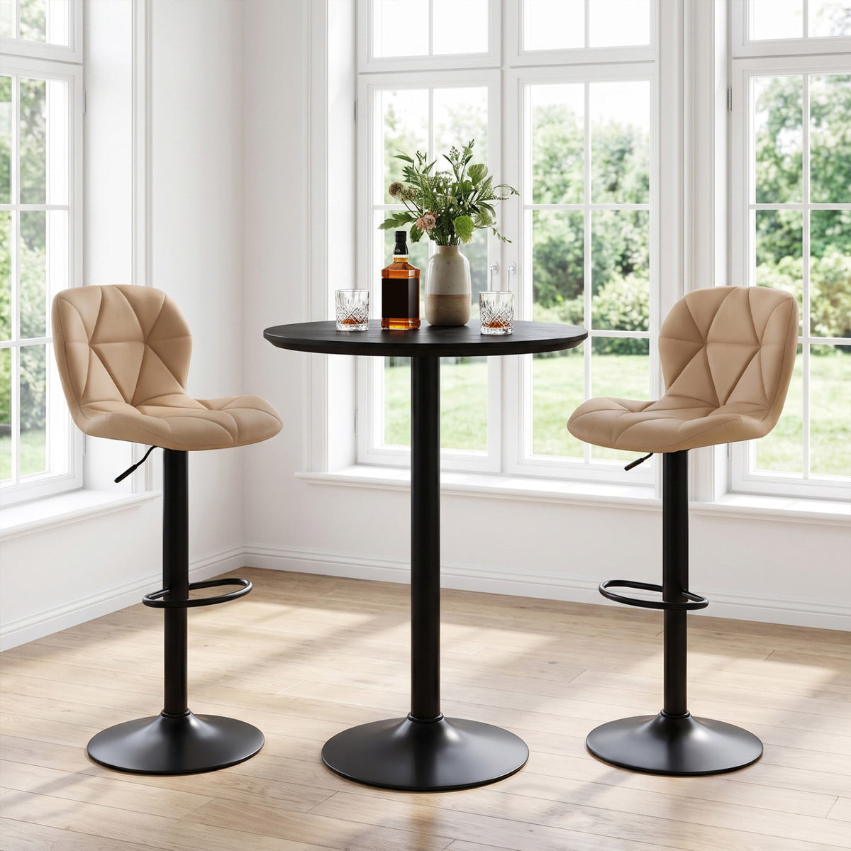 Set of 2 Upholstered Swivel Bar Stools with Adjustable Height and Curved Backs