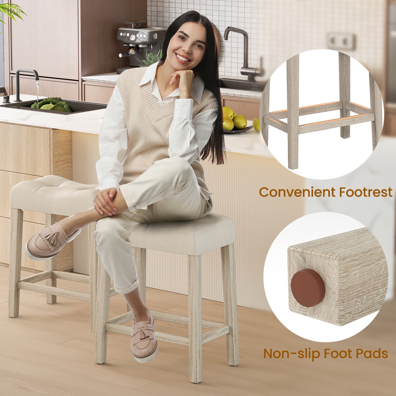 Set of 4 Upholstered Counter Height Bar Stool with Curved Saddle-Seat