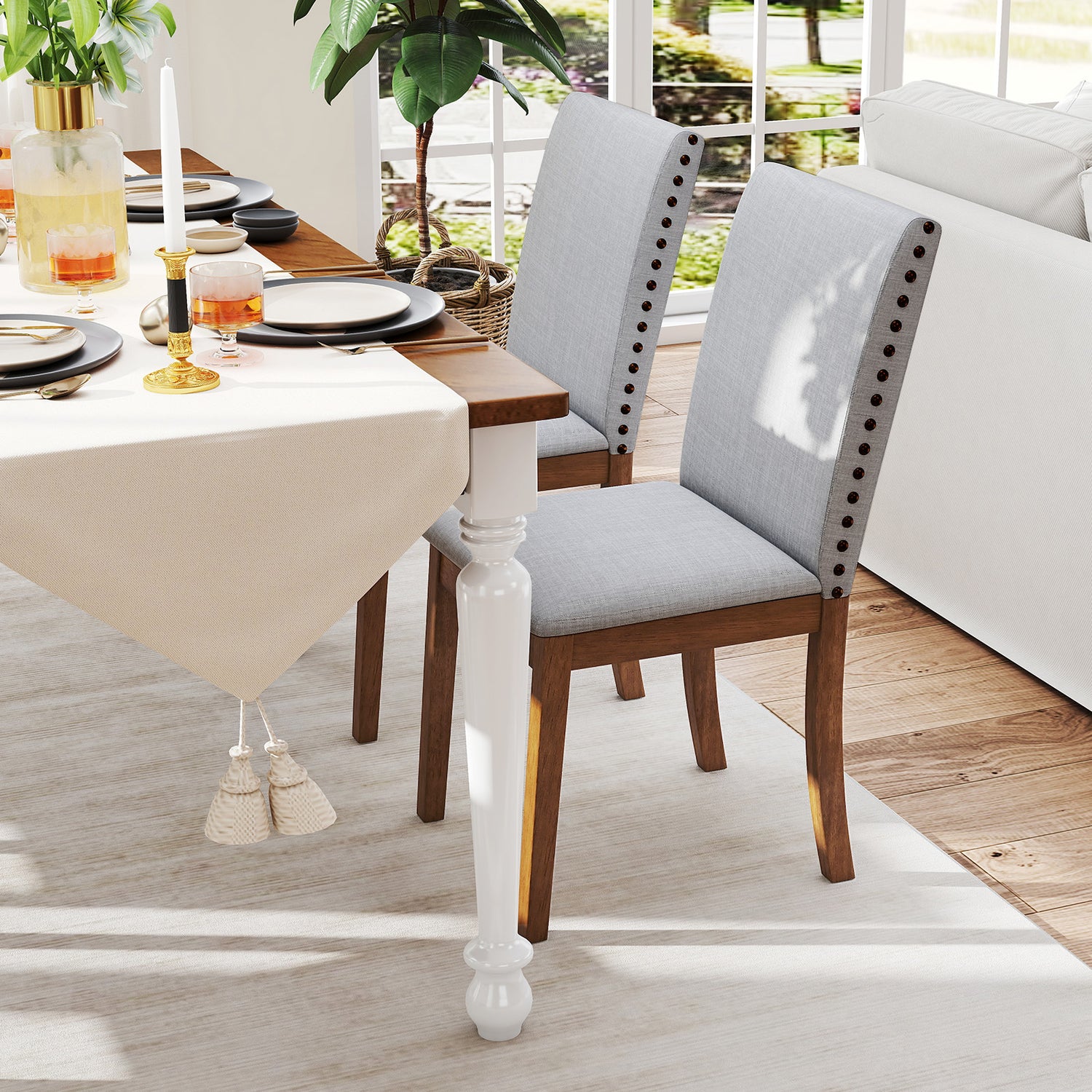 Set of 2 Upholstered Dining Chairs with Padded Seat for Living Room-Walnut