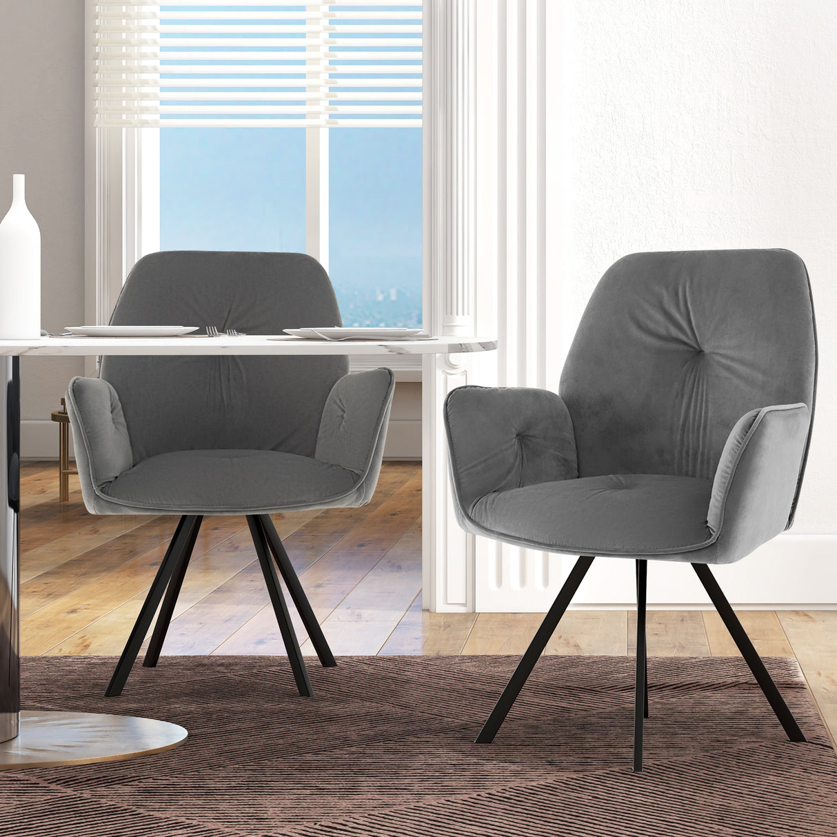 Set of 2 Swivel Accent Arm Chairs with Metal Legs and Wide Back-Gray