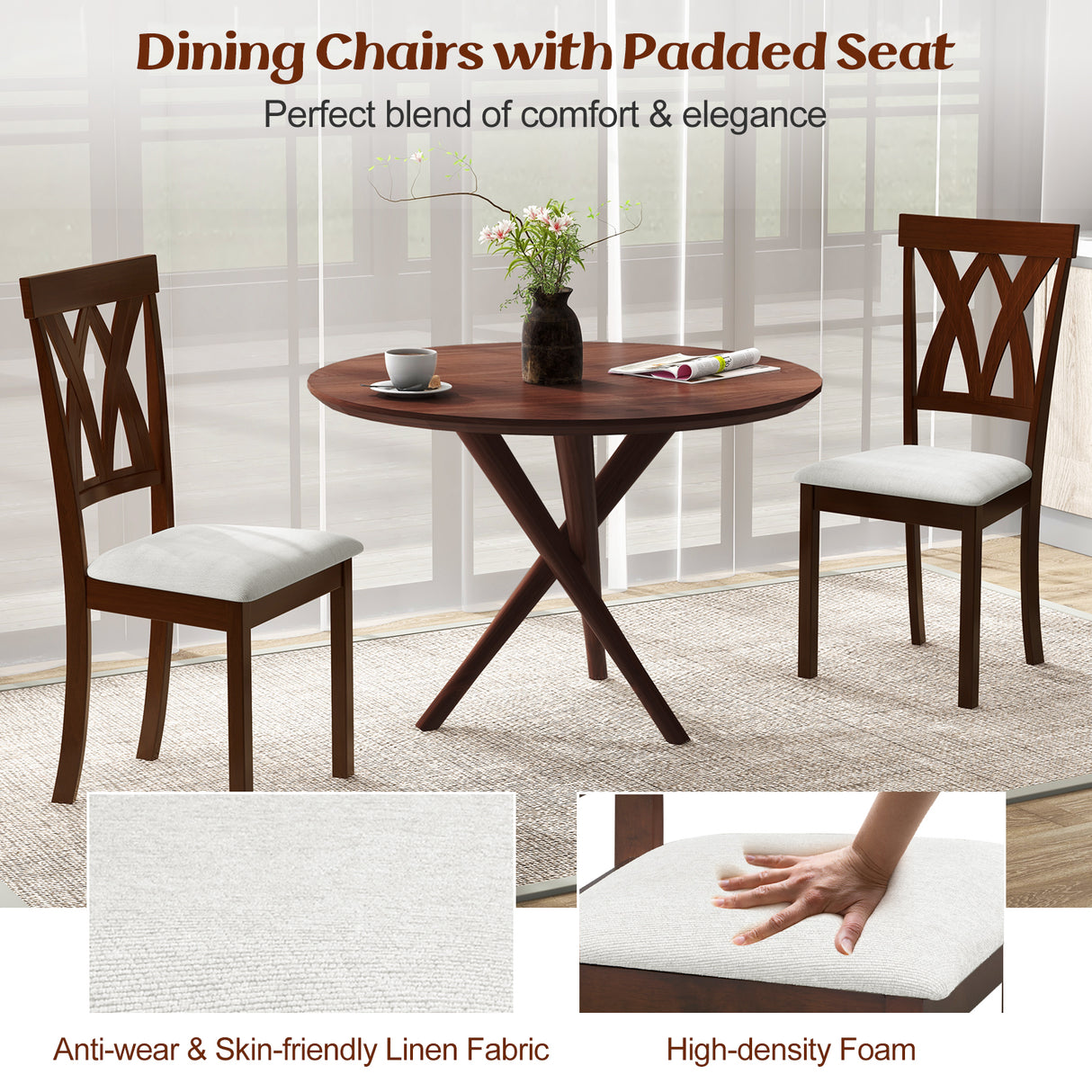 Set of 2 Wood Kitchen Chairs with Faux Leather Upholstered Seat