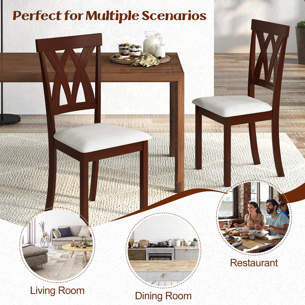 Set of 2 Wood Kitchen Chairs with Faux Leather Upholstered Seat