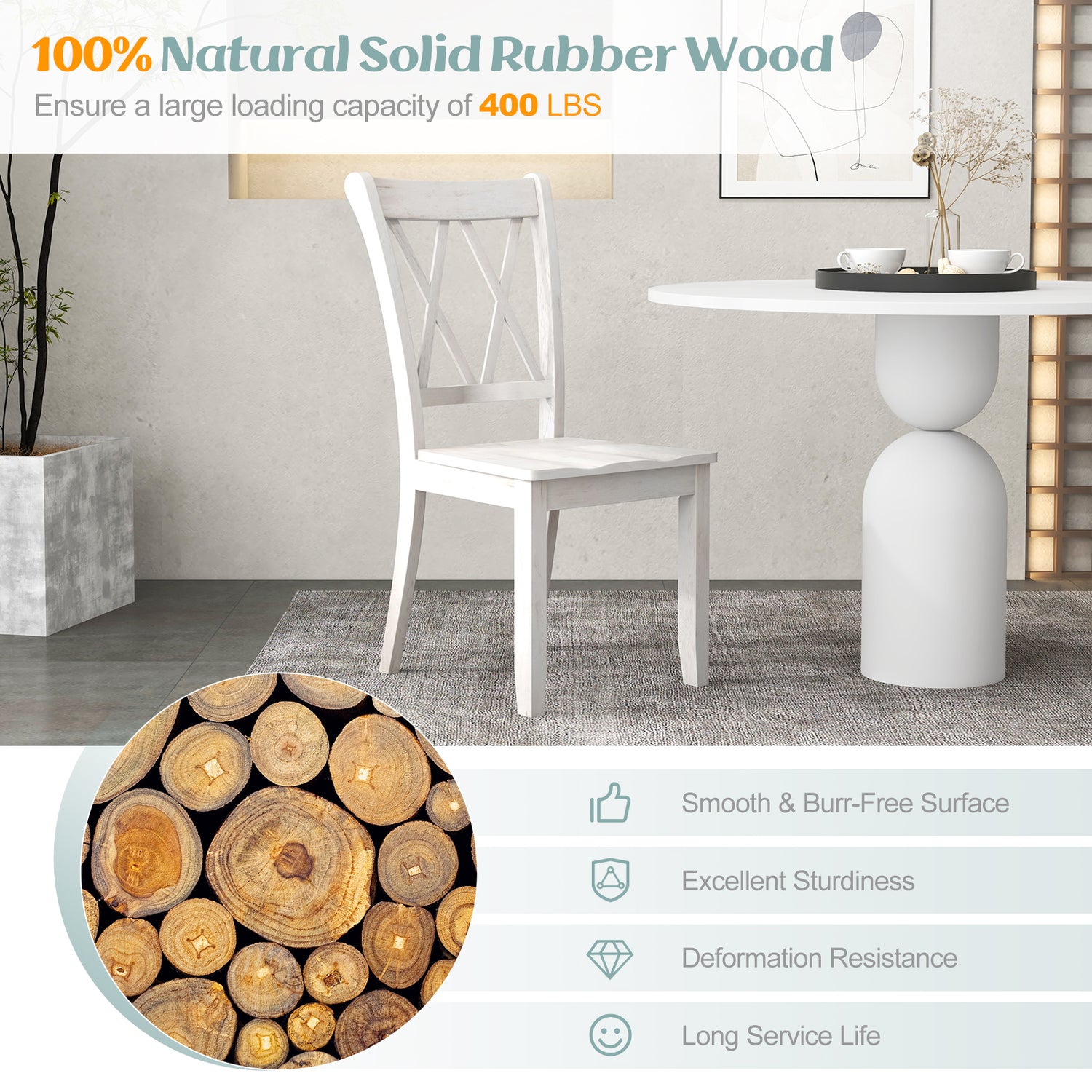 Set of 2 Cross Back Rubber Wood Dining Chairs