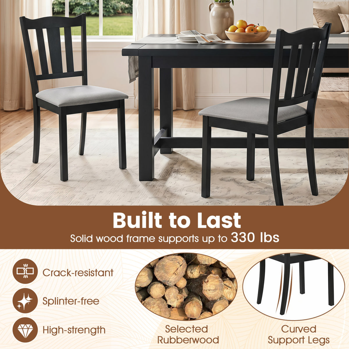 Set of 2 Wooden Dining Chair with Hollow Back and Soft-padded Cushion