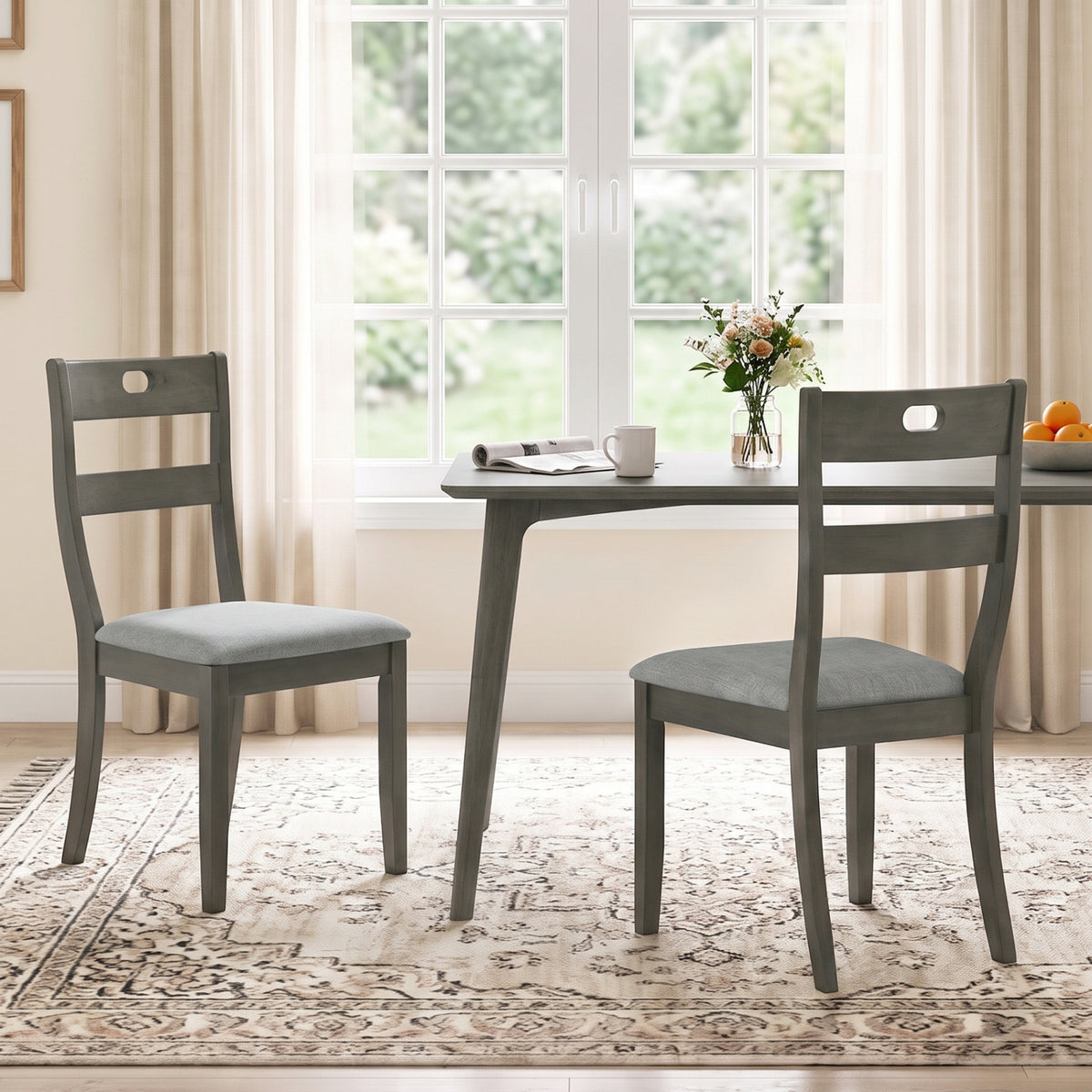 Set of 2 Wooden Dining Chairs with Padded Seats and Rubber Wood Frame