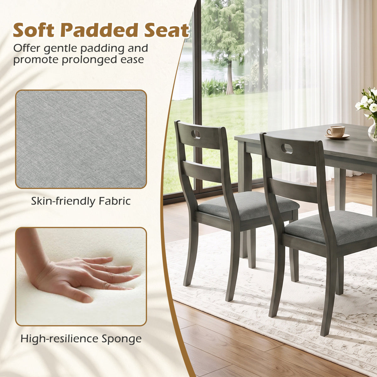 Set of 2 Wooden Dining Chairs with Padded Seats and Rubber Wood Frame