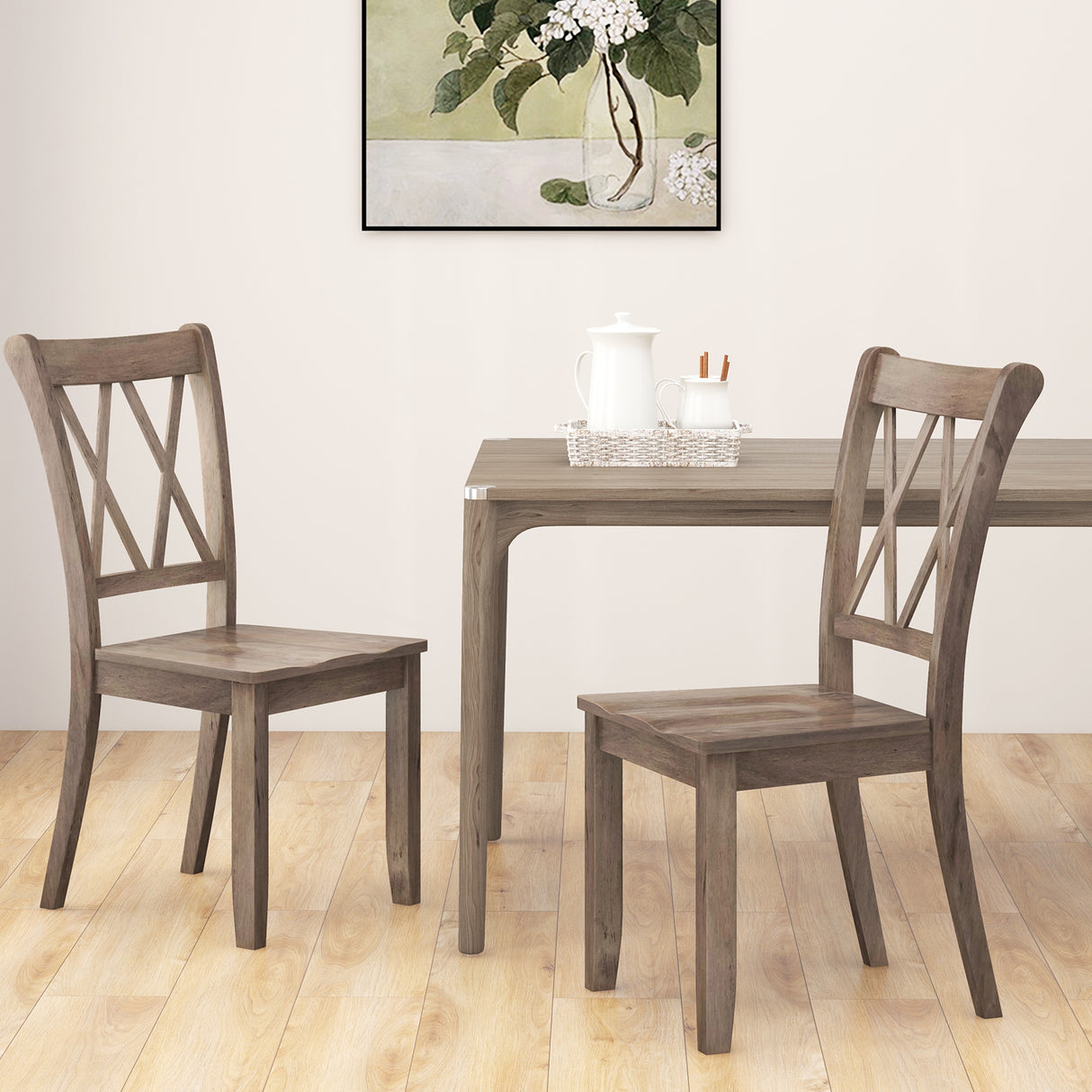 Set of 2 Cross Back Rubber Wood Dining Chairs