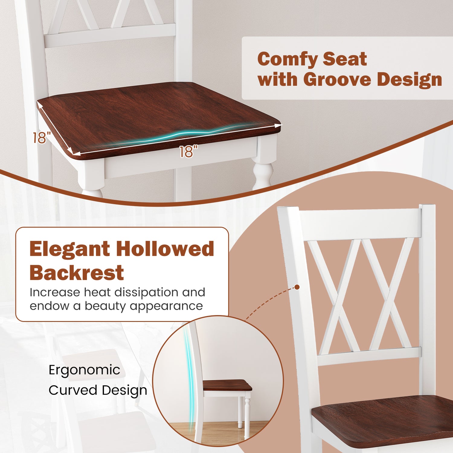 Set of 4 Wooden Farmhouse Kitchen Chairs with Rubber Wood Seat