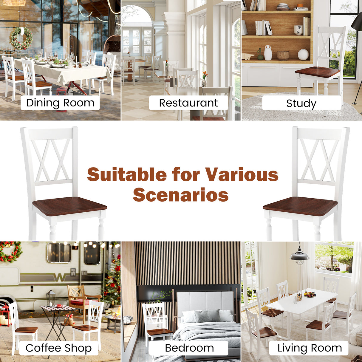 Set of 4 Wooden Farmhouse Kitchen Chairs with Rubber Wood Seat