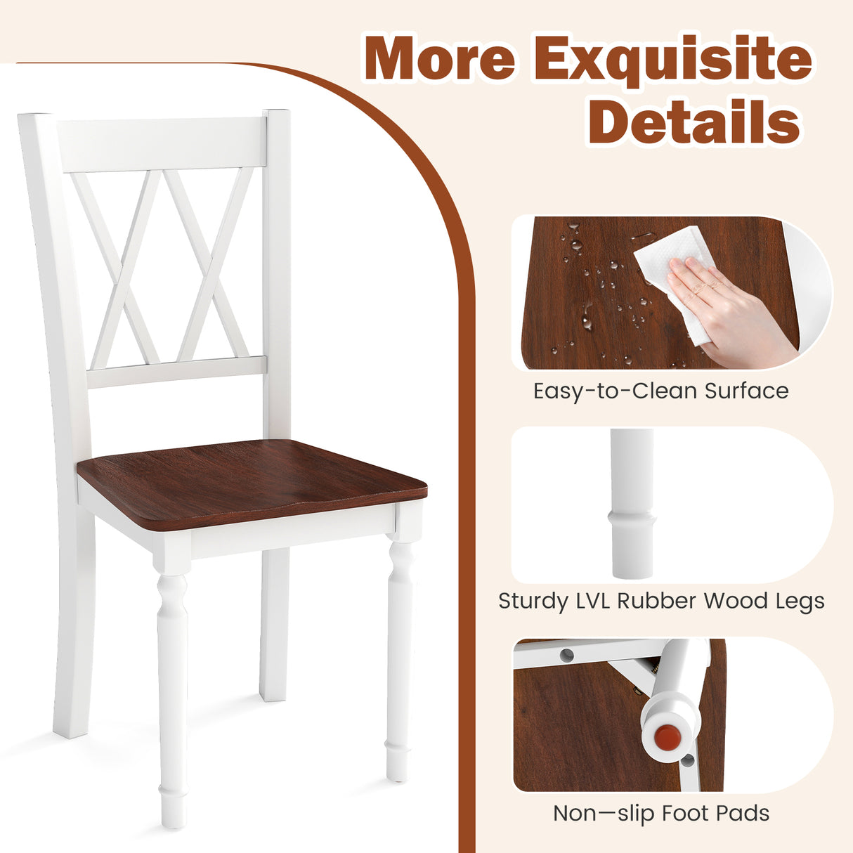 Set of 4 Wooden Farmhouse Kitchen Chairs with Rubber Wood Seat