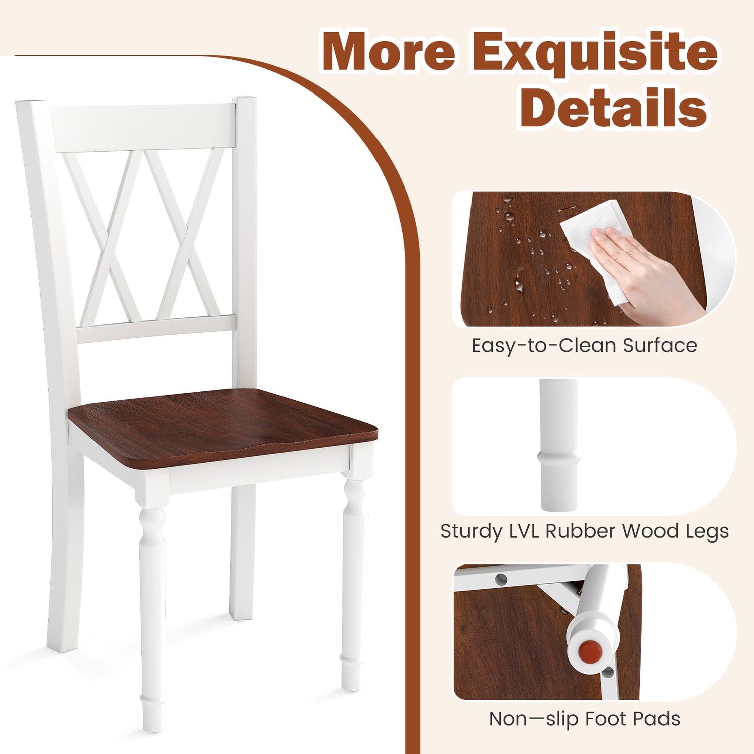 Set of 4 Wooden Farmhouse Kitchen Chairs with Rubber Wood Seat