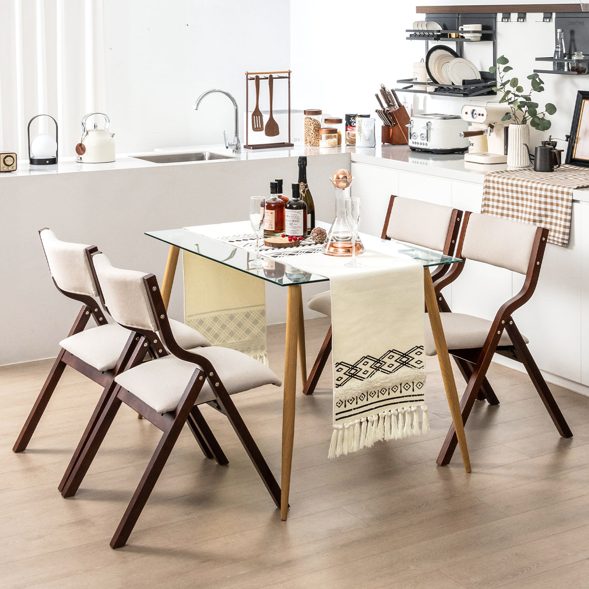 Set of 2 Wooden Folding Dining Chair with Linen Fabric Padded Seat and Backrest