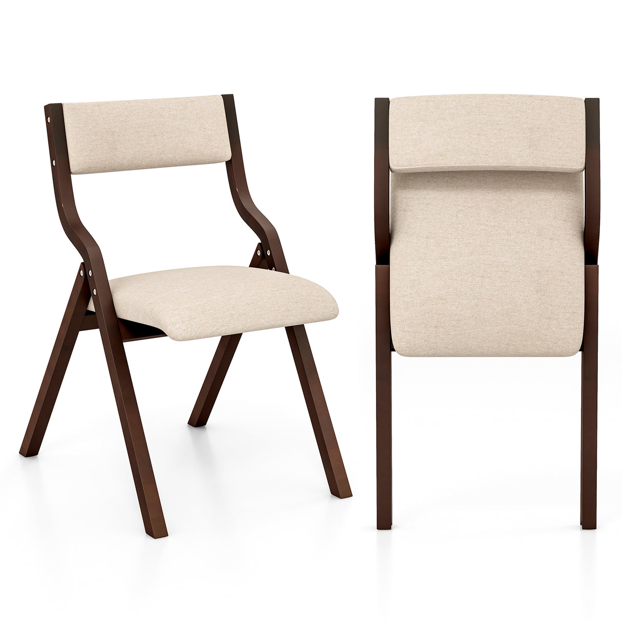 Set of 2 Wooden Folding Dining Chair with Linen Fabric Padded Seat and Backrest
