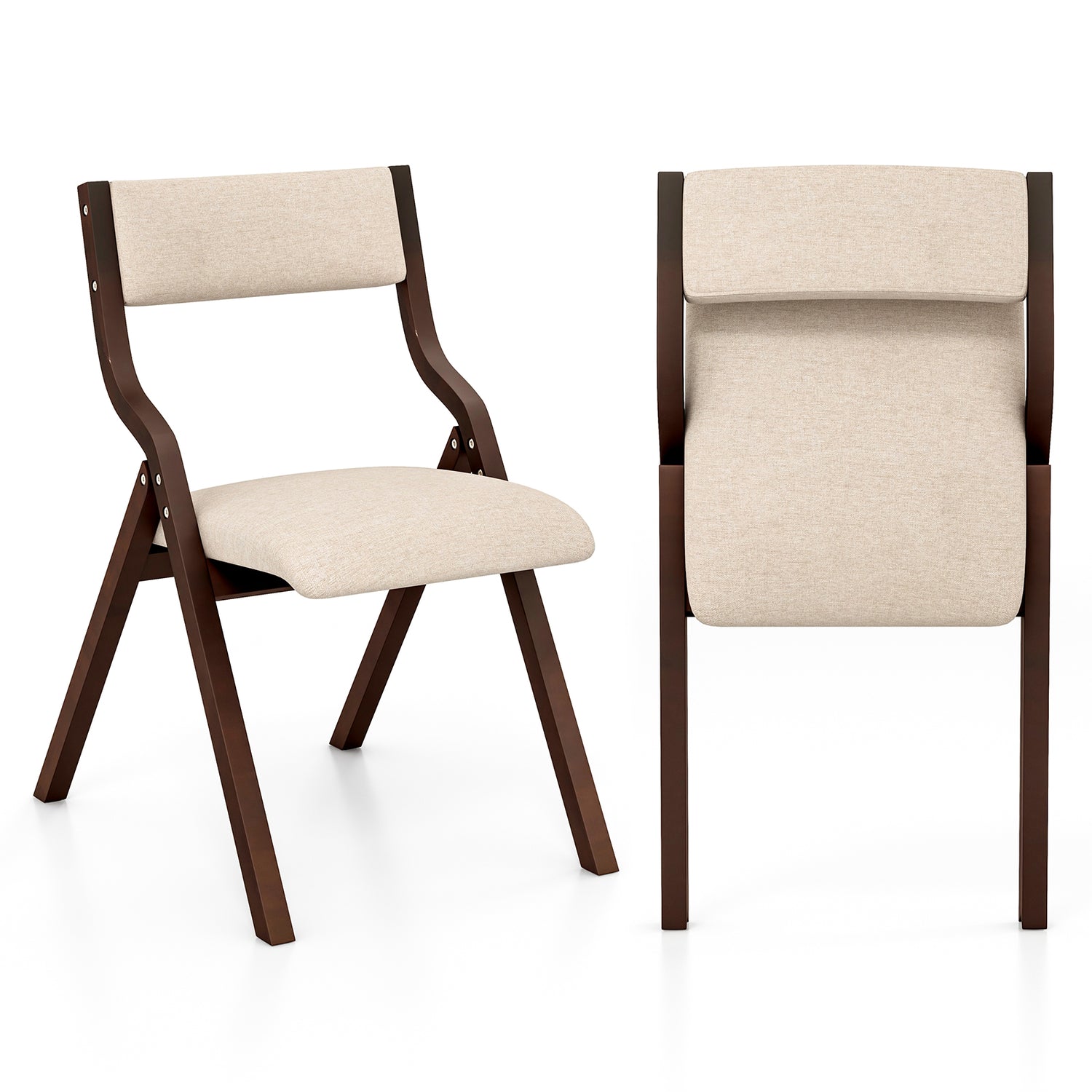 Set of 2 Wooden Folding Dining Chair with Linen Fabric Padded Seat and Backrest