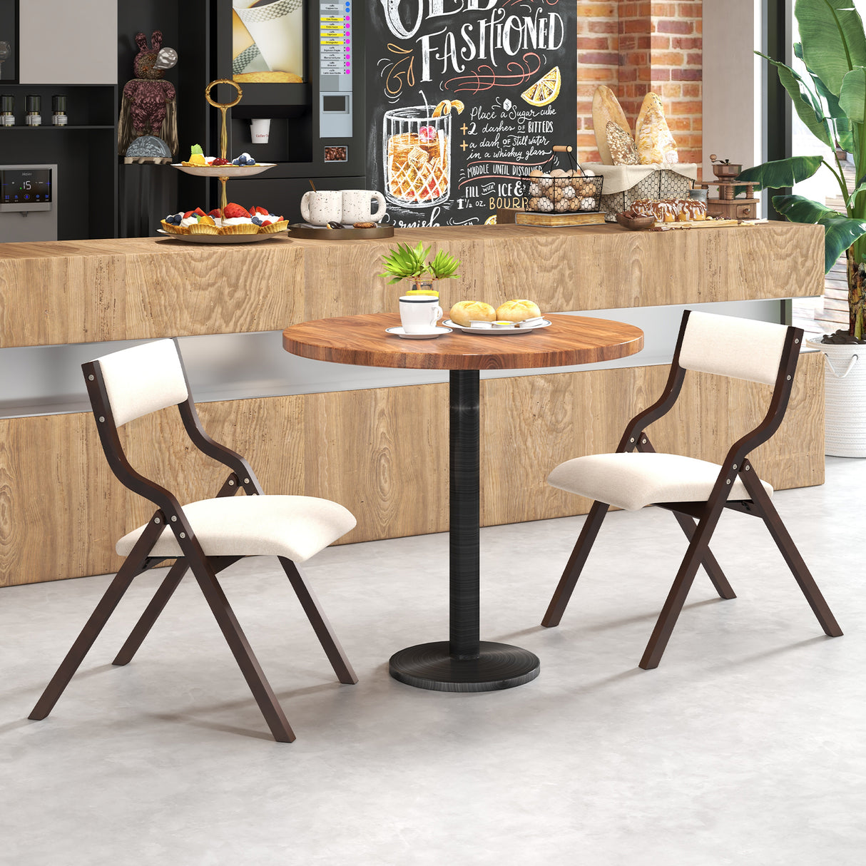 Set of 2 Wooden Folding Dining Chair with Linen Fabric Padded Seat and Backrest
