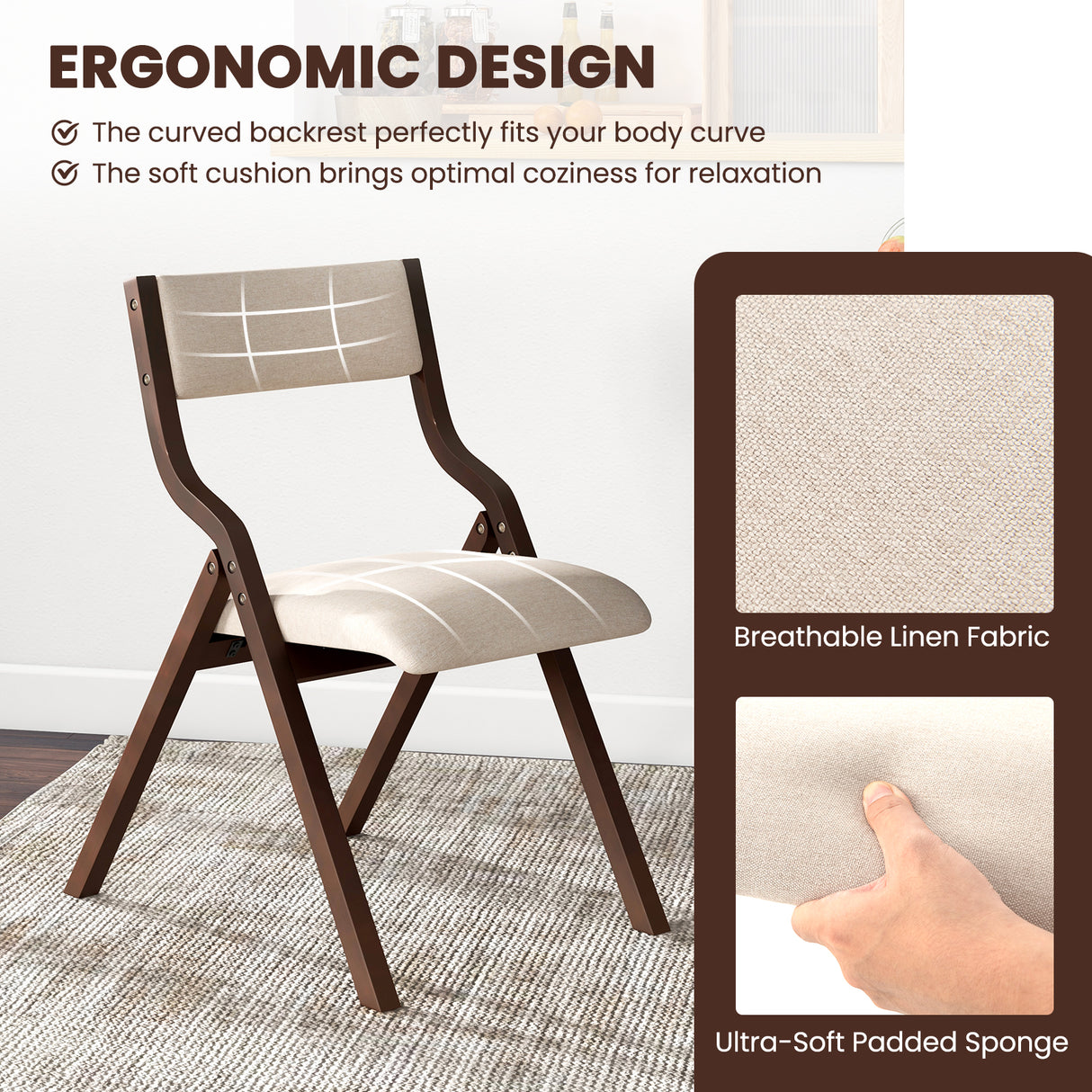 Set of 2 Wooden Folding Dining Chair with Linen Fabric Padded Seat and Backrest