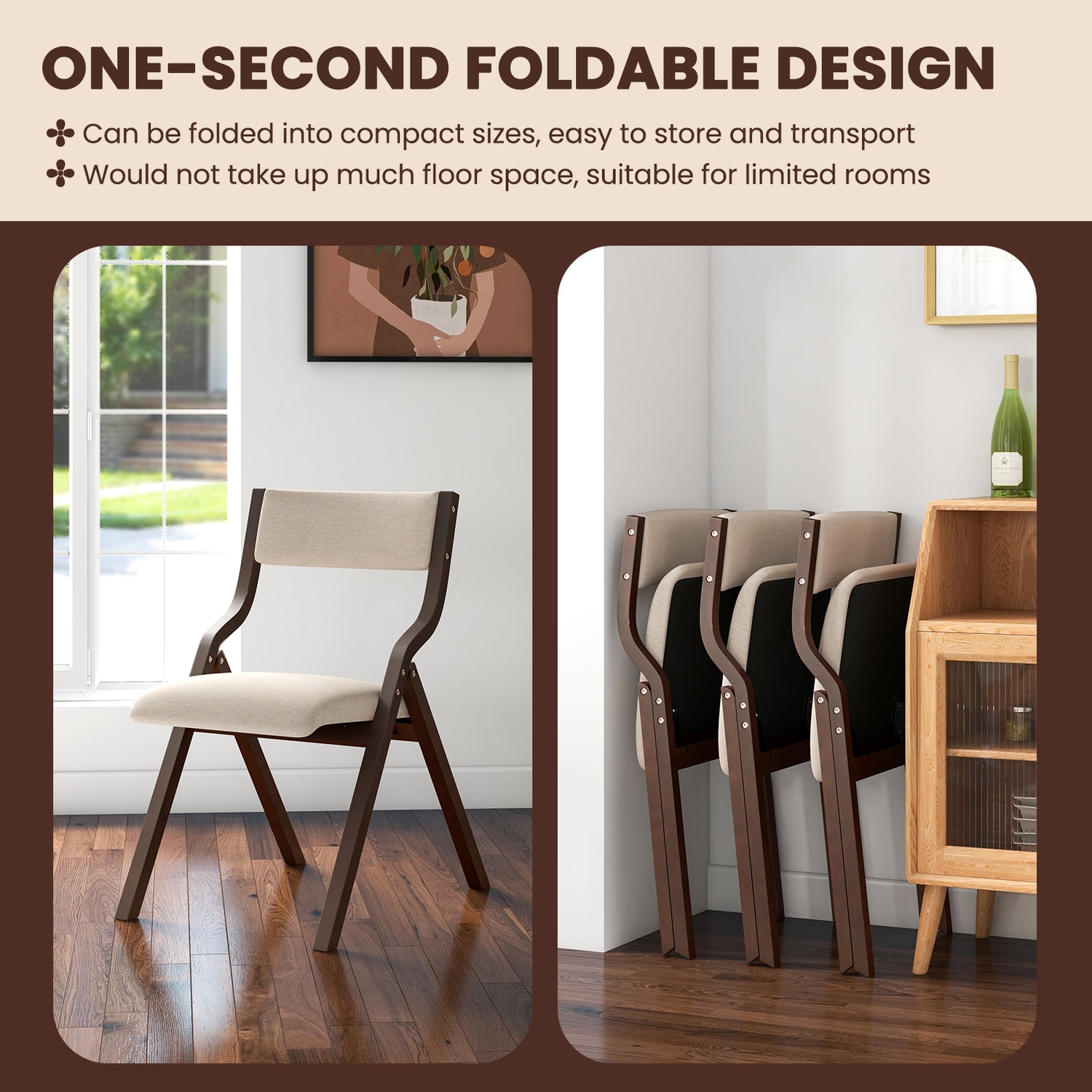 Set of 2 Wooden Folding Dining Chair with Linen Fabric Padded Seat and Backrest