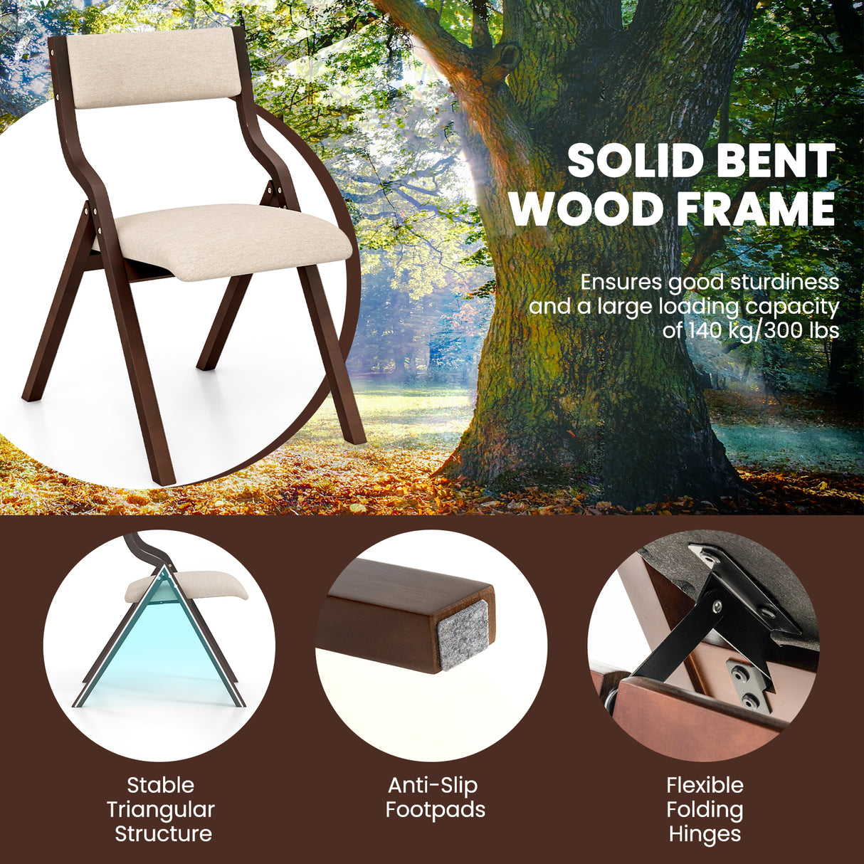 Set of 2 Wooden Folding Dining Chair with Linen Fabric Padded Seat and Backrest