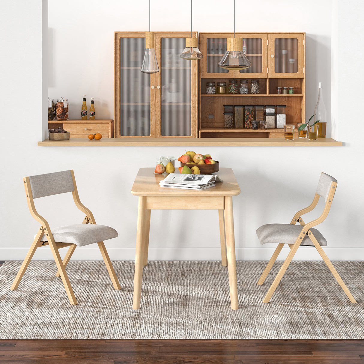 Set of 2 Wooden Folding Dining Chair with Linen Fabric Padded Seat and Backrest