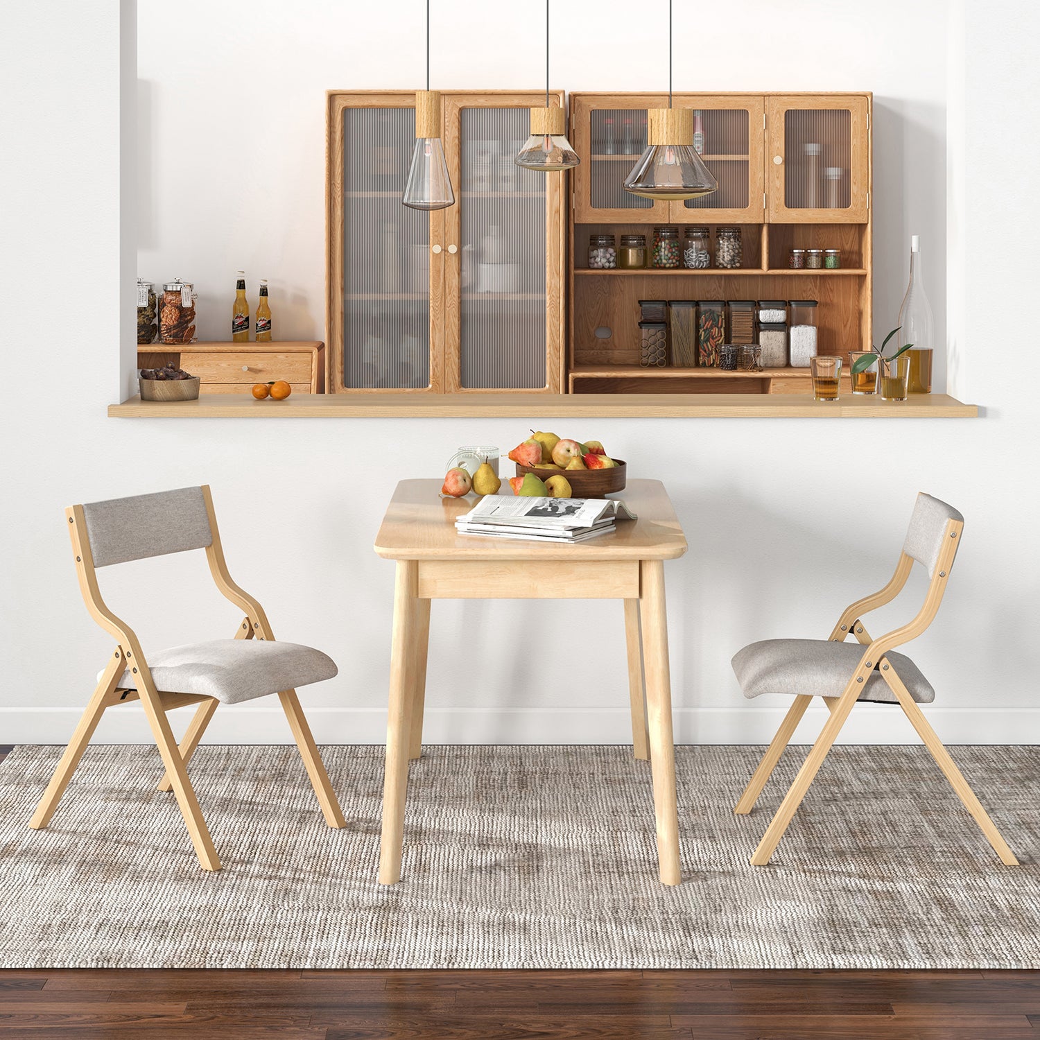 Set of 2 Wooden Folding Dining Chair with Linen Fabric Padded Seat and Backrest