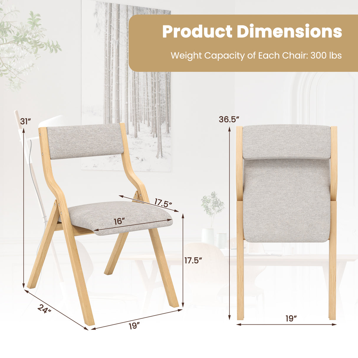 Set of 2 Wooden Folding Dining Chair with Linen Fabric Padded Seat and Backrest
