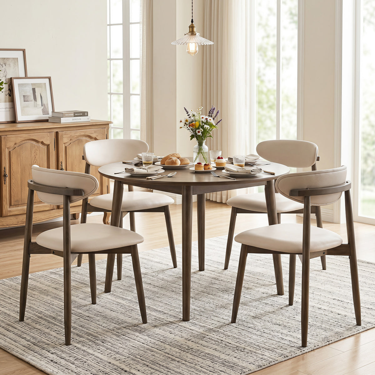 Set of 2 Wooden Modern Upholstered Dining Chairs with Curved Backrest