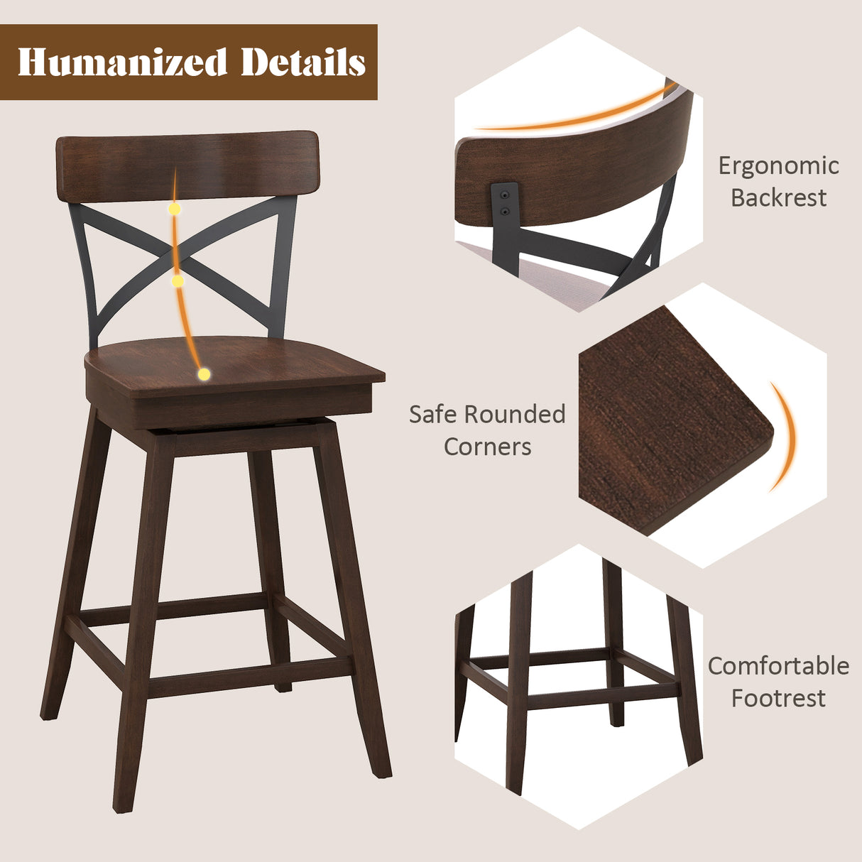 Set of 2 Wooden Swivel Bar Stools with Open X Back and Footrest-24 inches