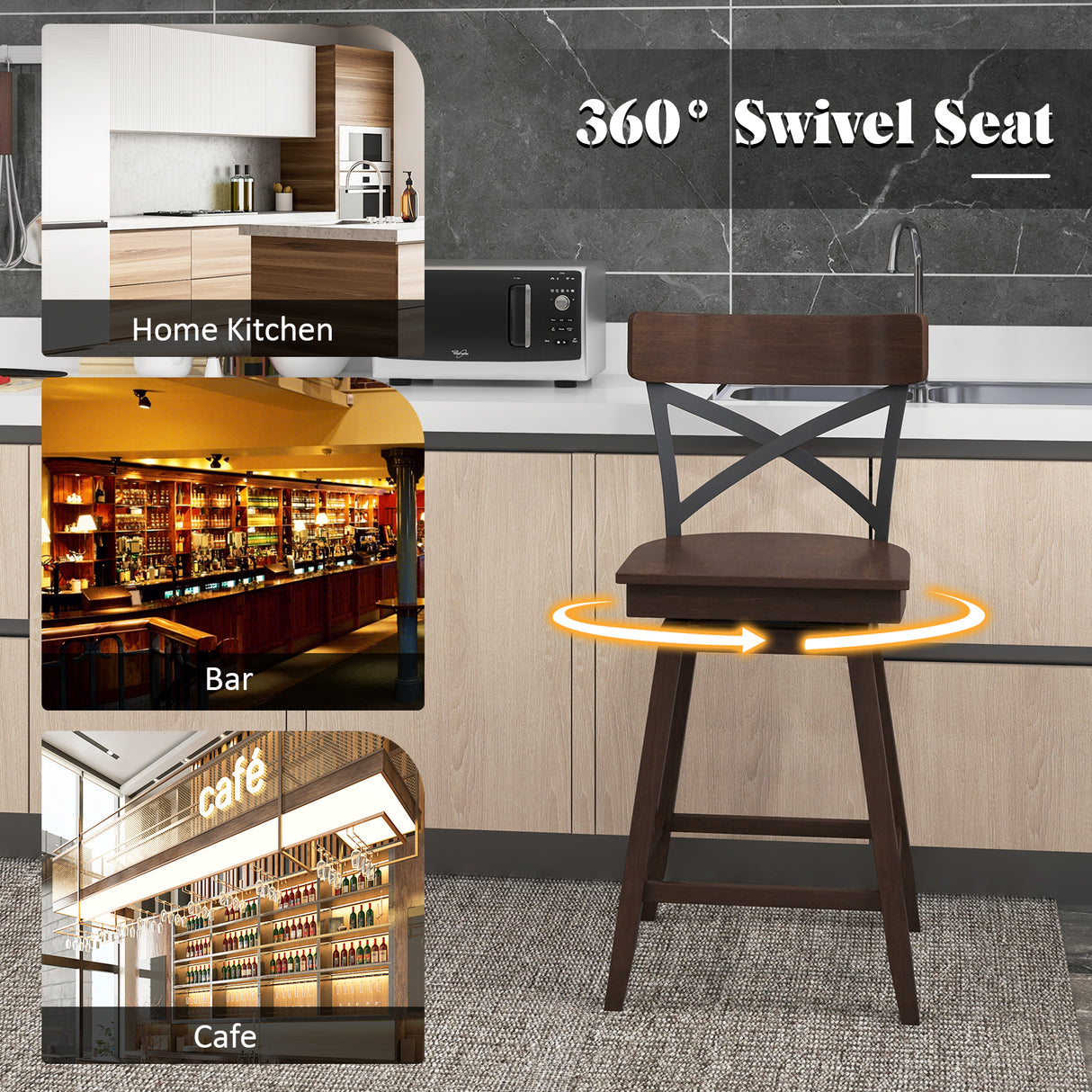 Set of 2 Wooden Swivel Bar Stools with Open X Back and Footrest-24 inches