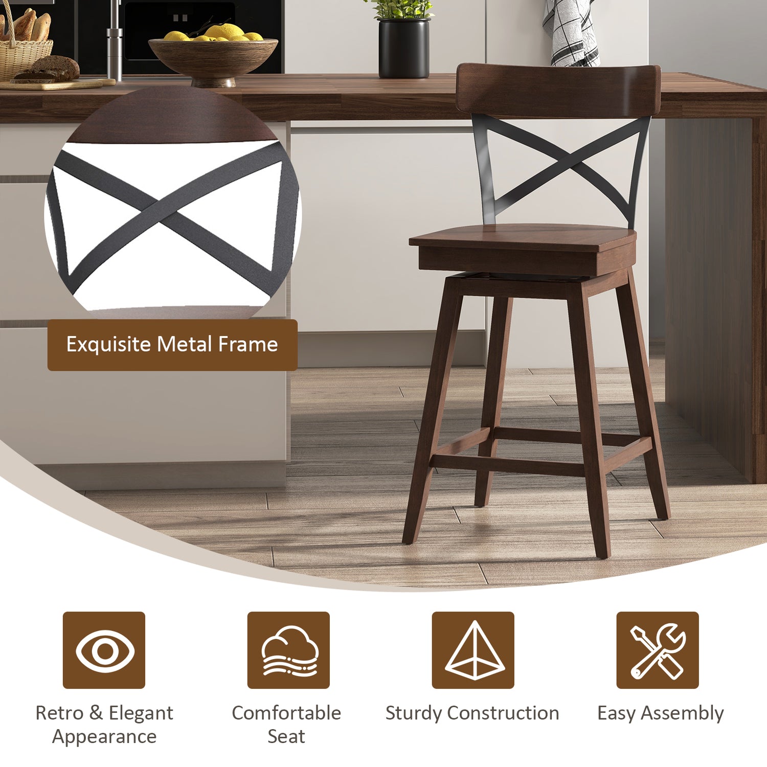 Set of 2 Wooden Swivel Bar Stools with Open X Back and Footrest-24 inches