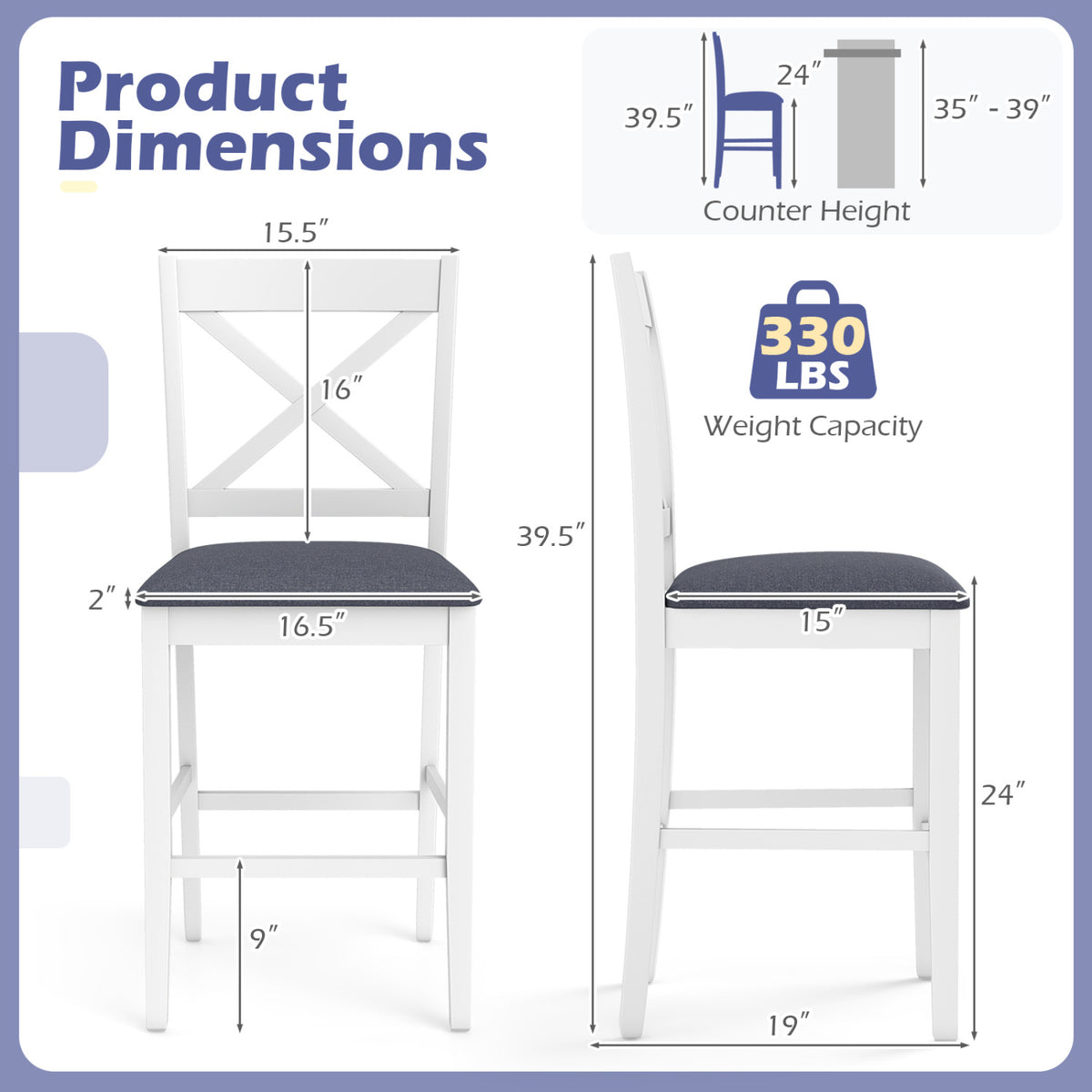 Set of 2 X-Back Bar Stools with Upholstered Cushioned Seats