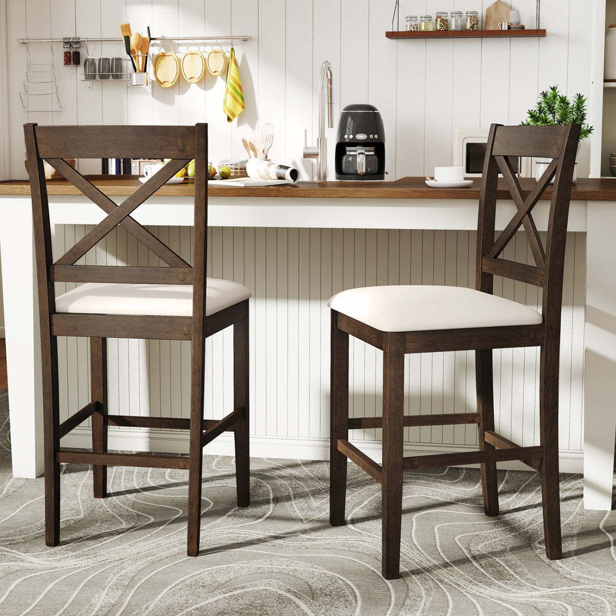 Set of 2 X-Back Bar Stools with Upholstered Cushioned Seats