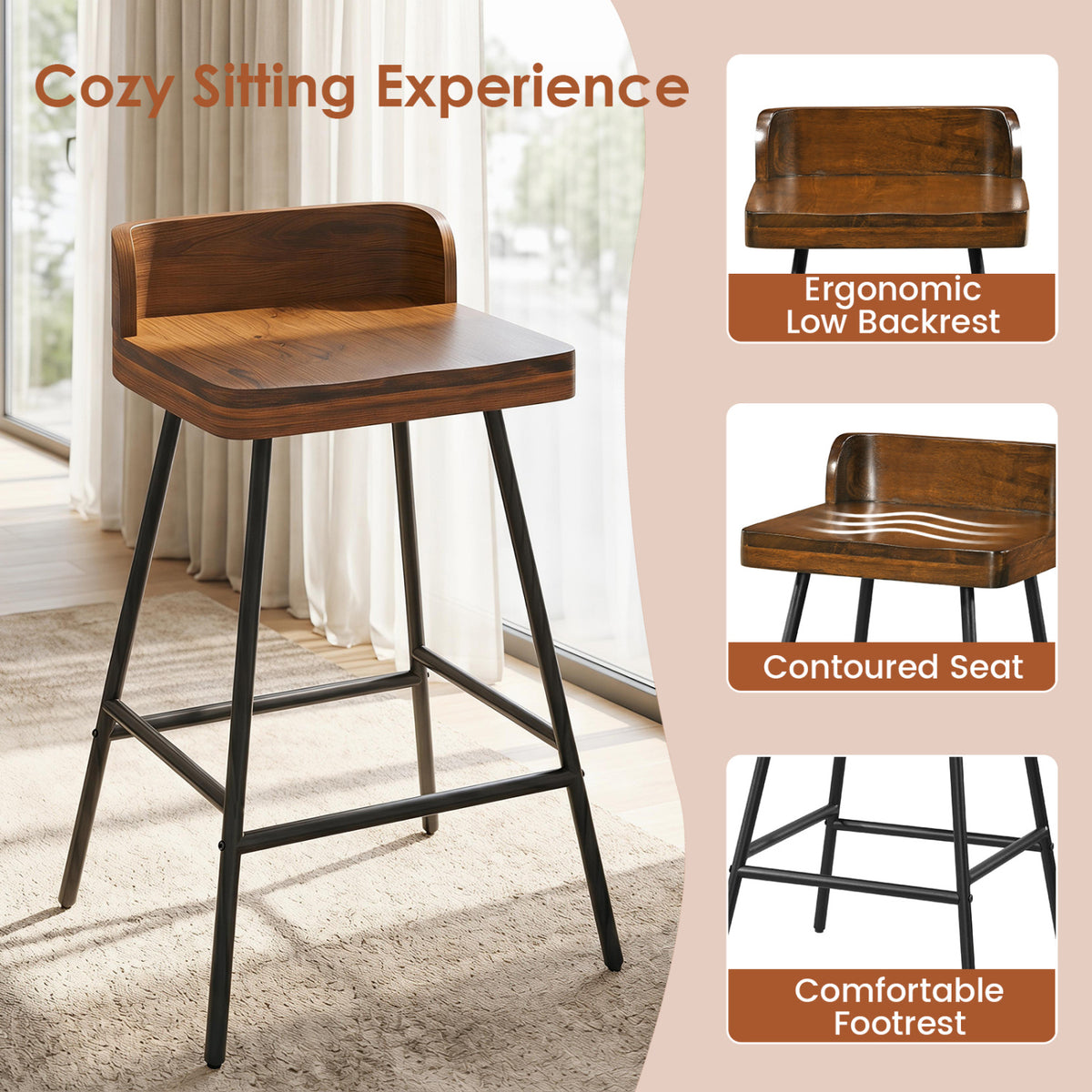 Set of 4 24" Industrial Rubber Wood Bar Stool with Low Back Metal Legs and Footrest