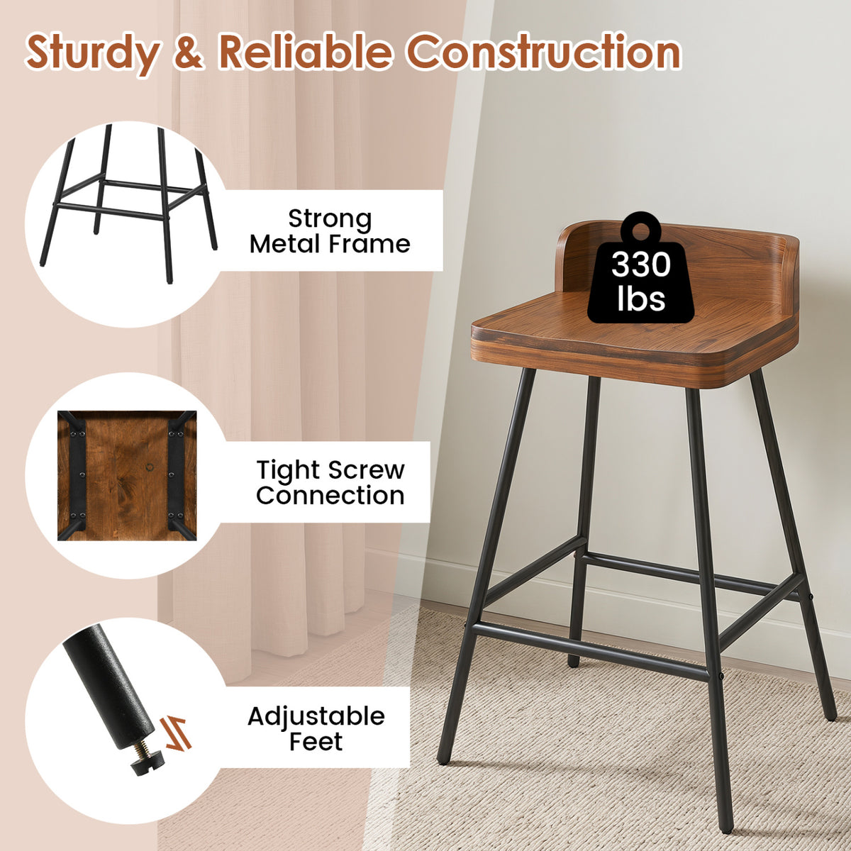 Set of 4 24" Industrial Rubber Wood Bar Stool with Low Back Metal Legs and Footrest
