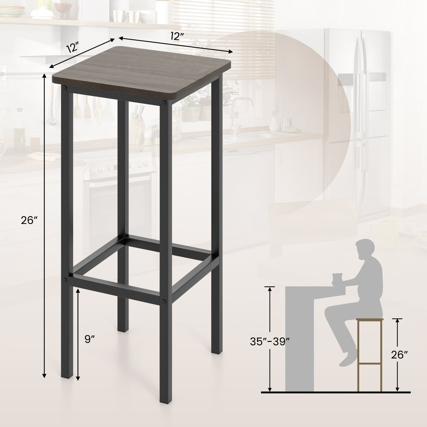 Set of 4 Bar Stool Set 26 Inch Bar Chair with Metal Legs and Footrest