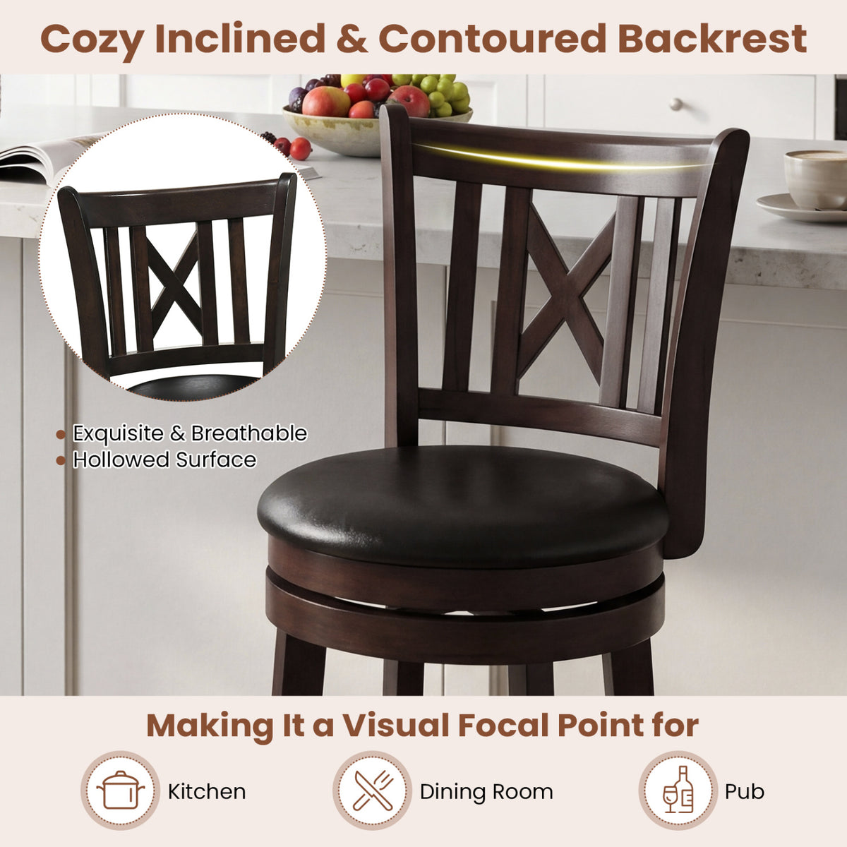 Set of 4 Bar Stools Swivel Bar Chairs with Hollowed Backrest and Footrest-26/Footrest-30 inches