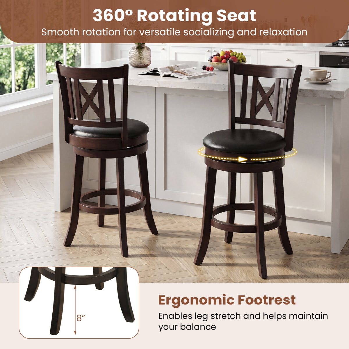 Set of 4 Bar Stools Swivel Bar Chairs with Hollowed Backrest and Footrest-26/Footrest-30 inches