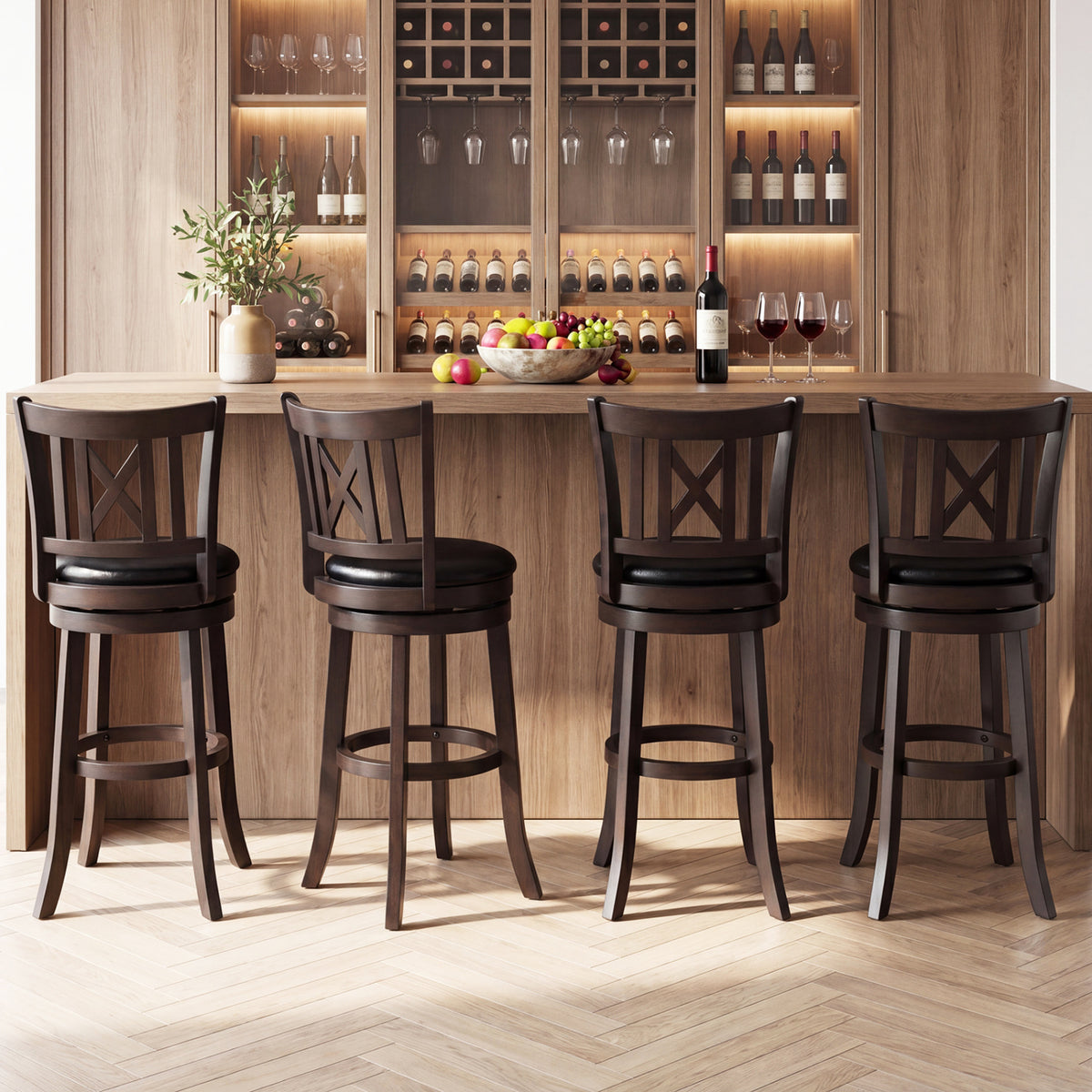 Set of 4 Bar Stools Swivel Bar Chairs with Hollowed Backrest and Footrest-26/Footrest-30 inches