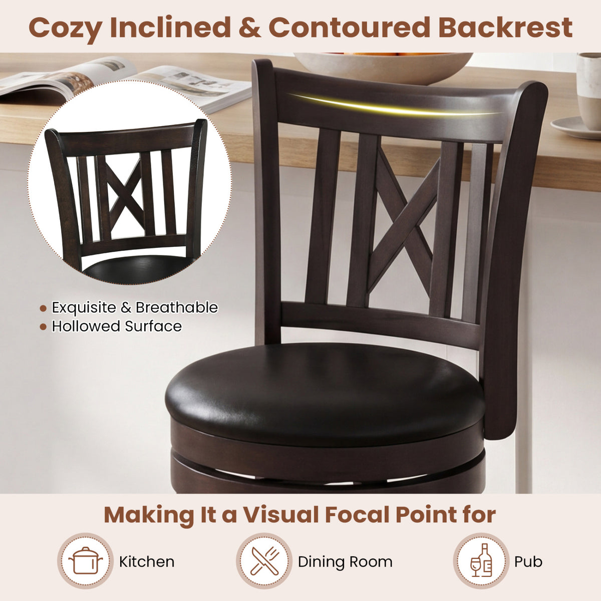Set of 4 Bar Stools Swivel Bar Chairs with Hollowed Backrest and Footrest-26/Footrest-30 inches