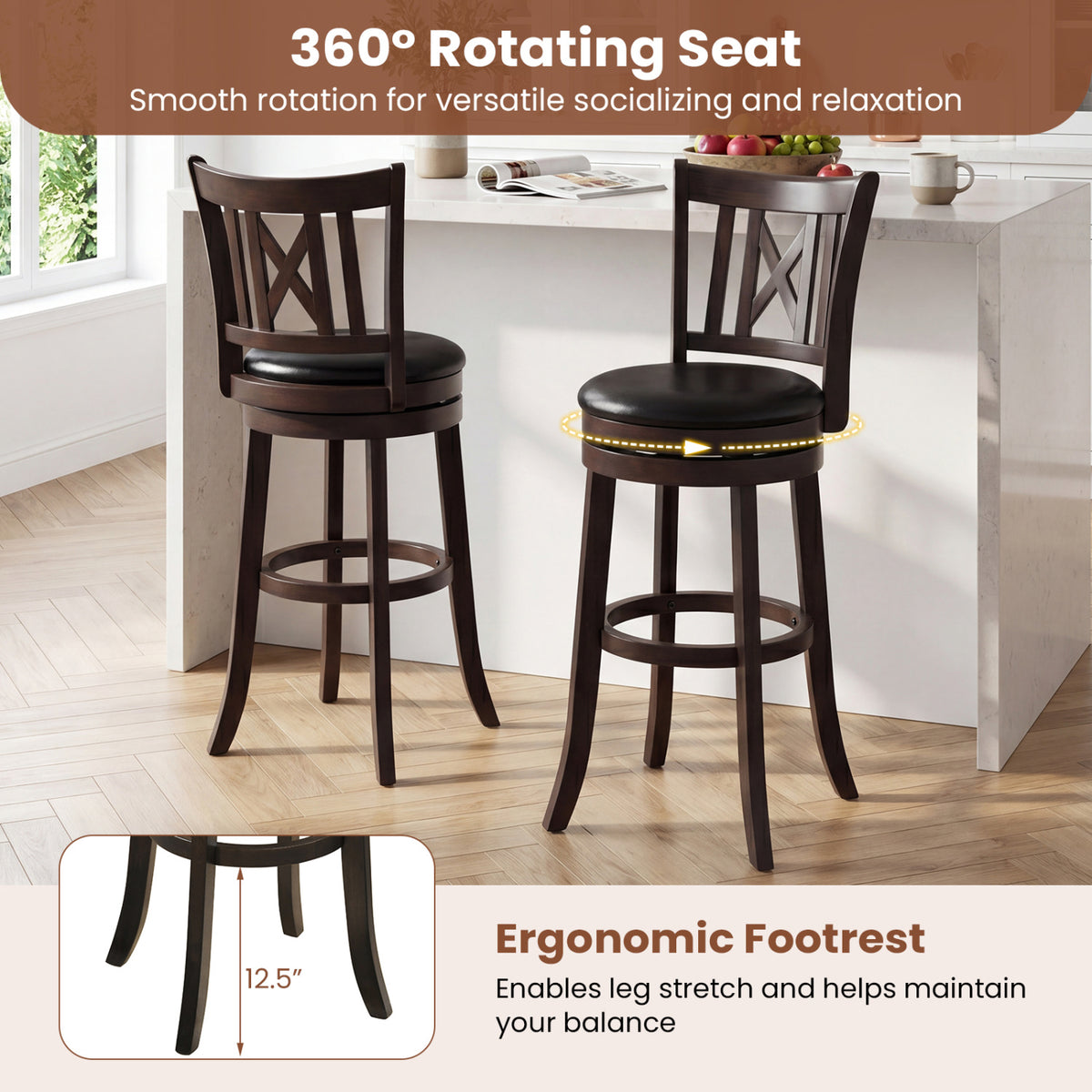 Set of 4 Bar Stools Swivel Bar Chairs with Hollowed Backrest and Footrest-26/Footrest-30 inches