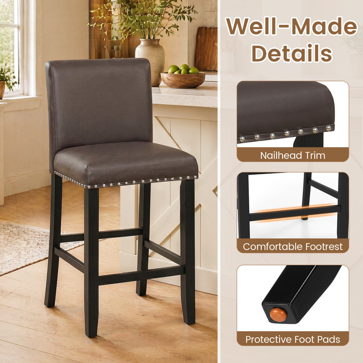 Set of 4 Bar Stools with Back for Kitchen Island-Brown