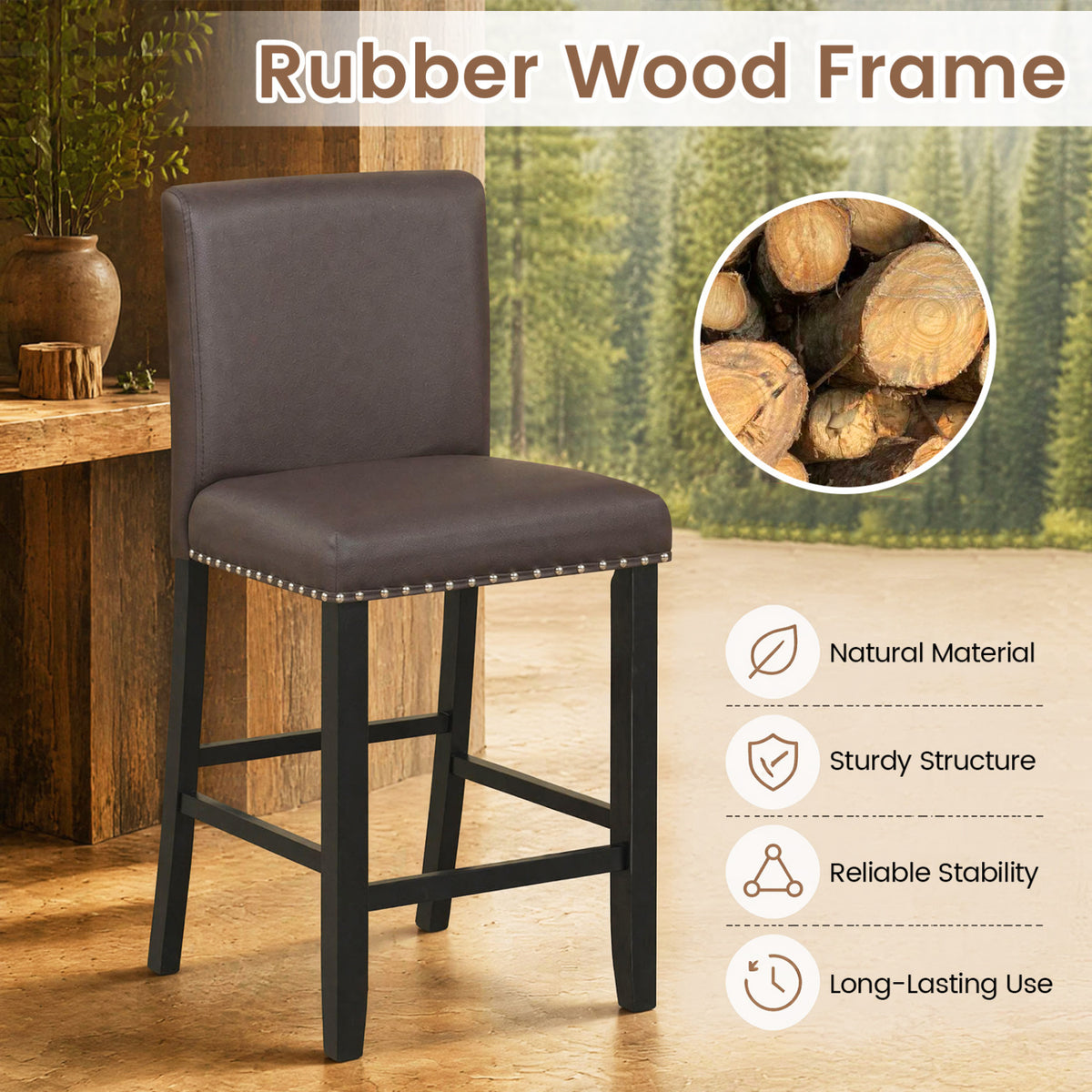 Set of 4 Bar Stools with Back for Kitchen Island-Brown