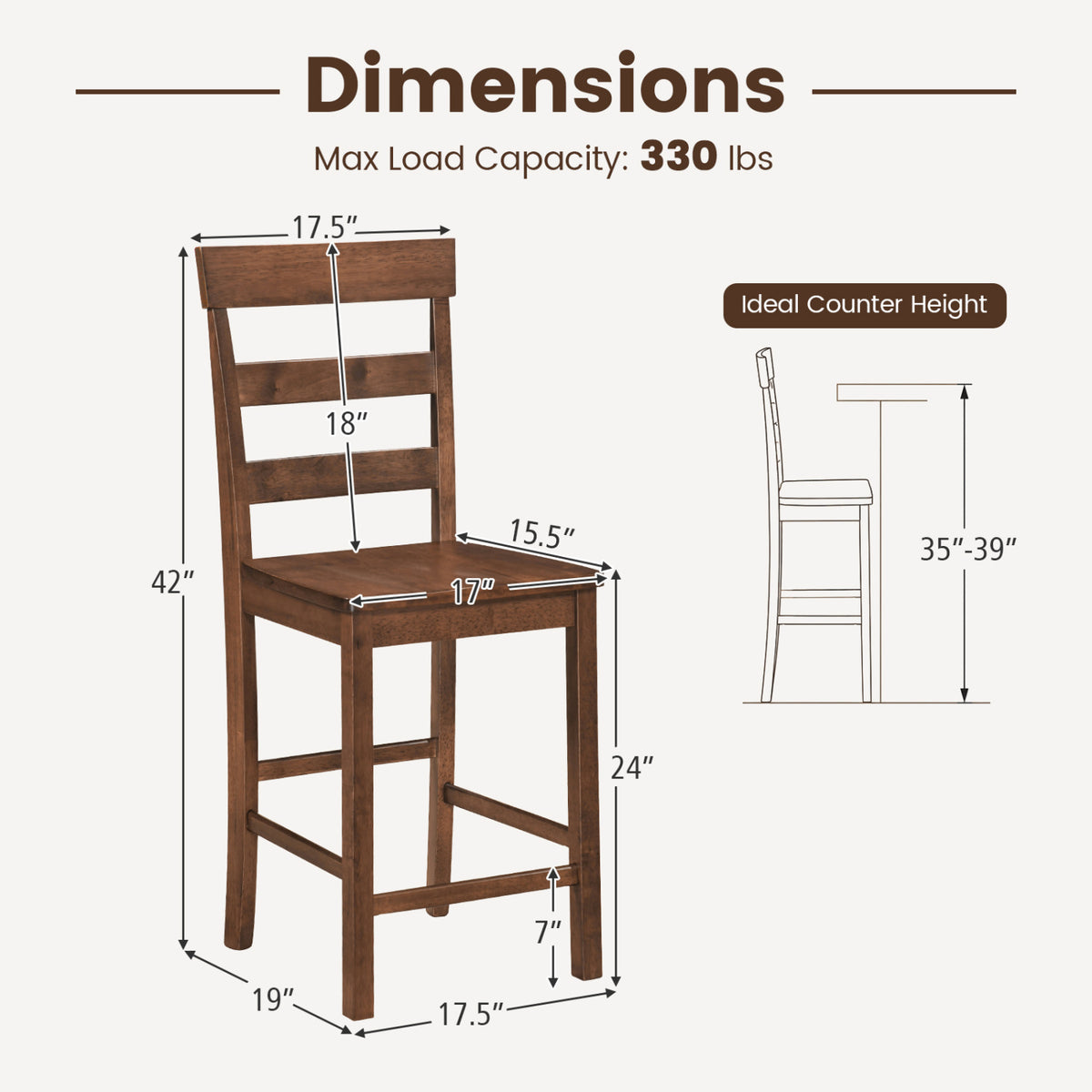 Set of 2/4 Counter Height Bar Stools with Rubber Wood Frame for Home Dining Room