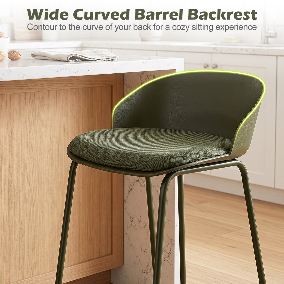 Set of 4 Counter Height Bar Stools with Curved Backrest and Metal Frame for Kitchen Dining