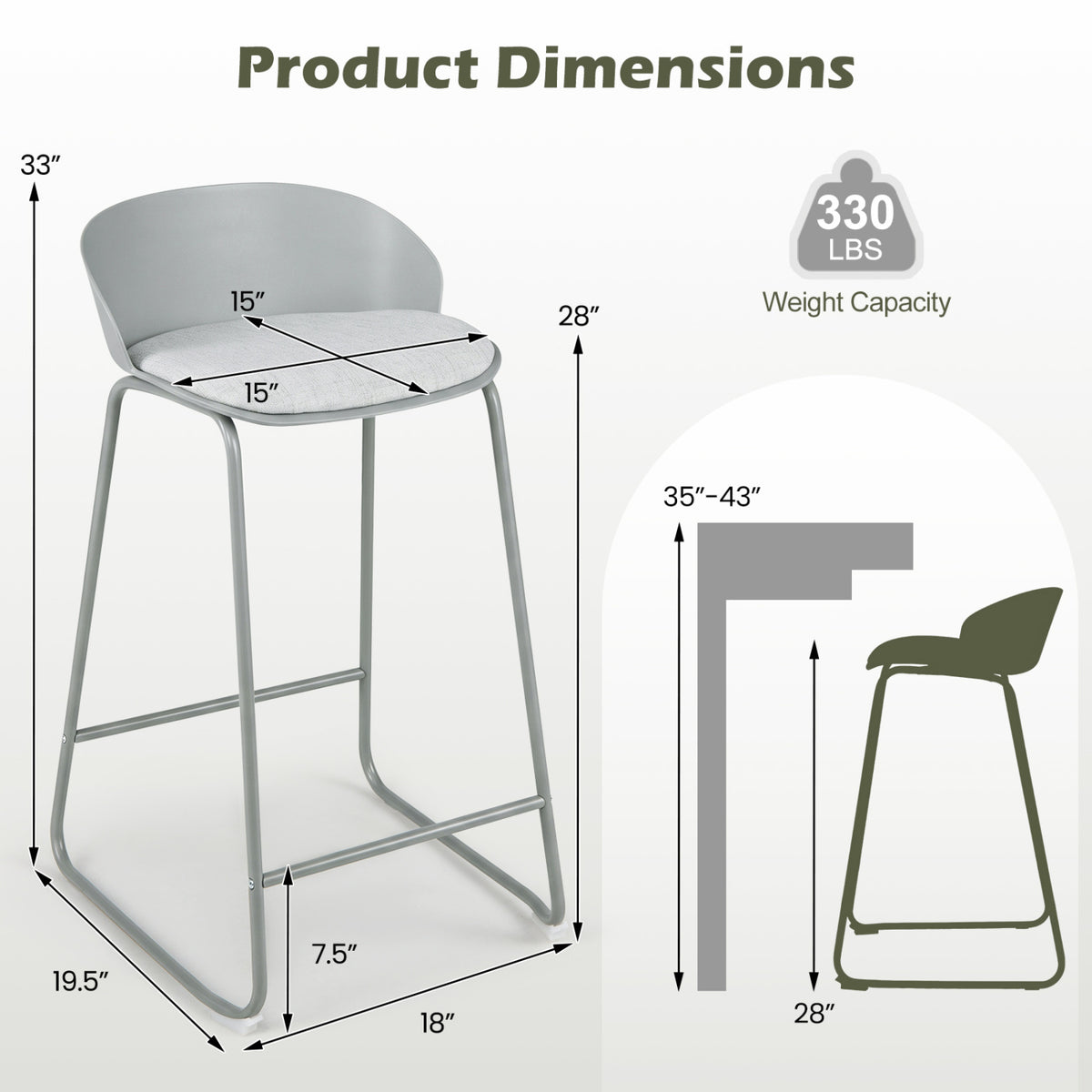 Set of 4 Counter Height Bar Stools with Curved Backrest and Metal Frame for Kitchen Dining