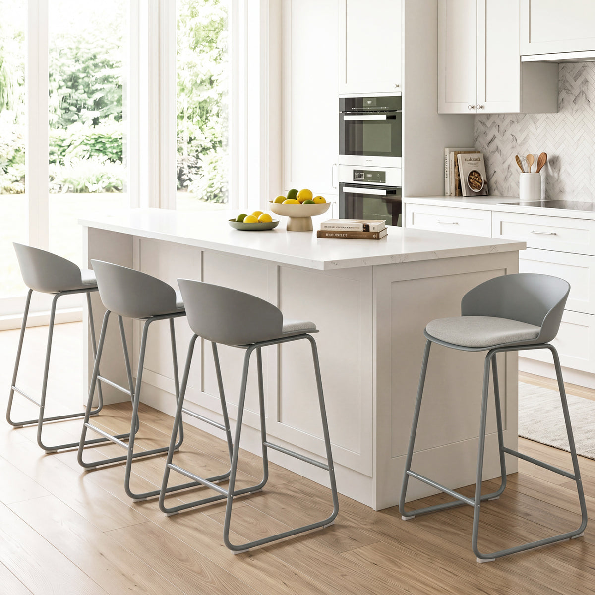 Set of 4 Counter Height Bar Stools with Curved Backrest and Metal Frame for Kitchen Dining