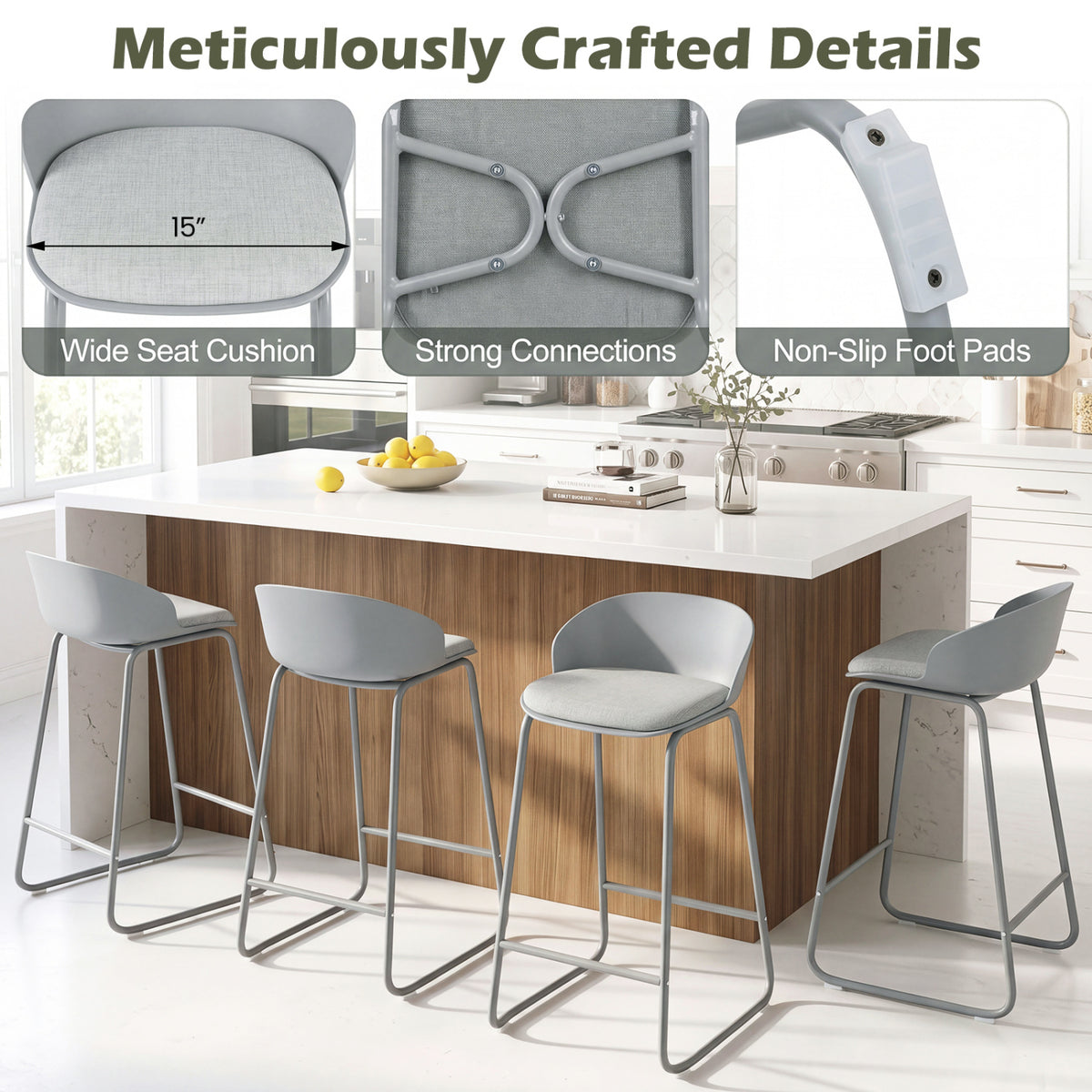 Set of 4 Counter Height Bar Stools with Curved Backrest and Metal Frame for Kitchen Dining
