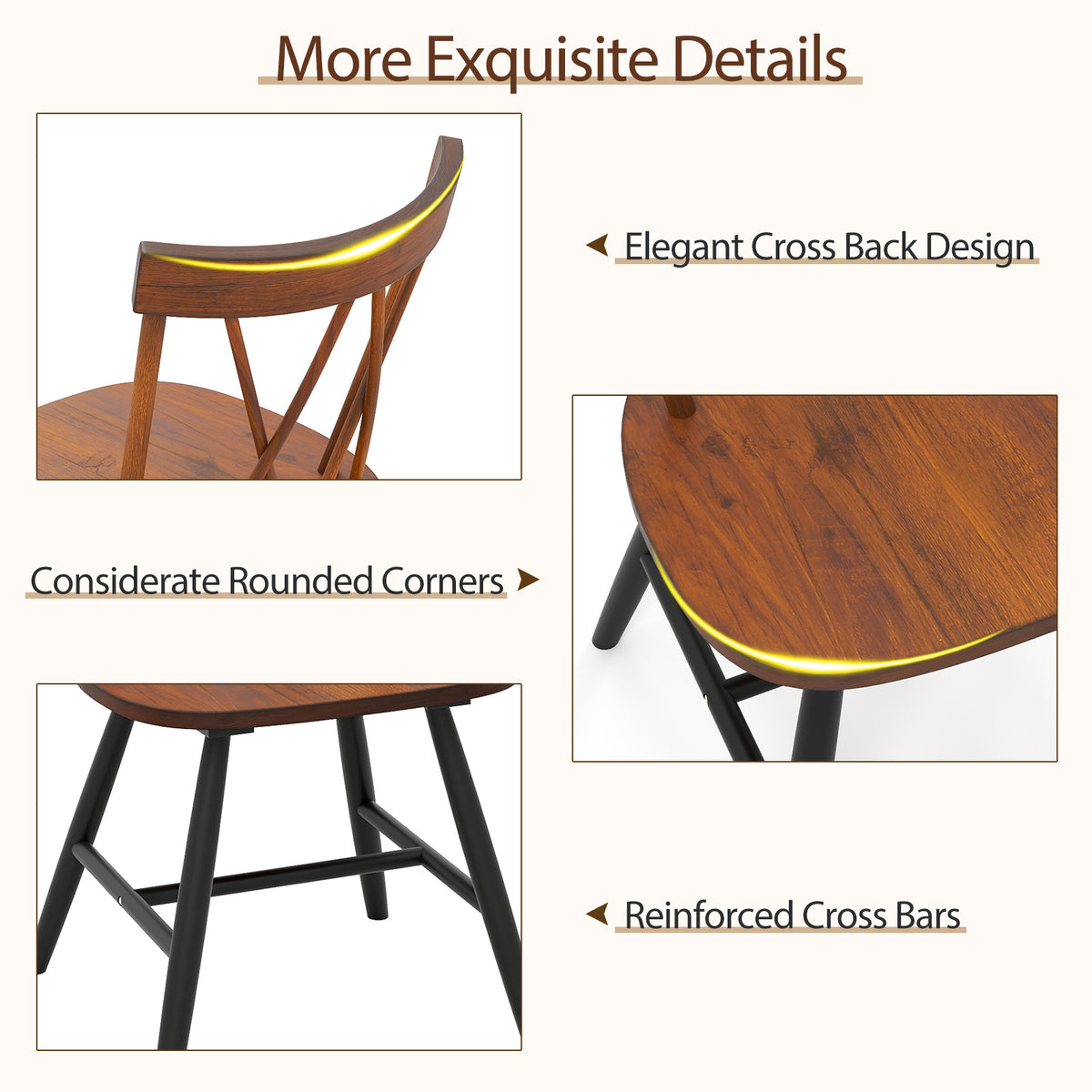 Set of 4 Dining Chairs with Rubber Wood Frame and Curved Cross Back-Dark Brown