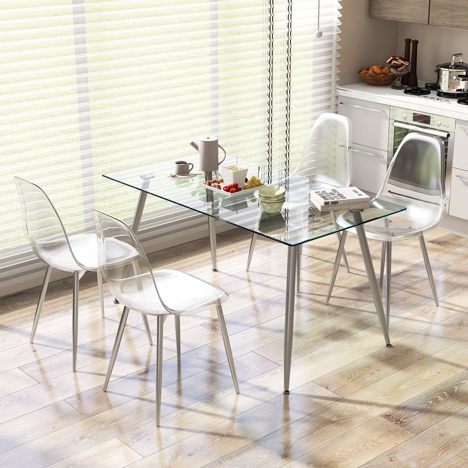 Set of 4 Dining Chairs Modern Plastic Shell Side Chair with Clear Seat and Wood Legs