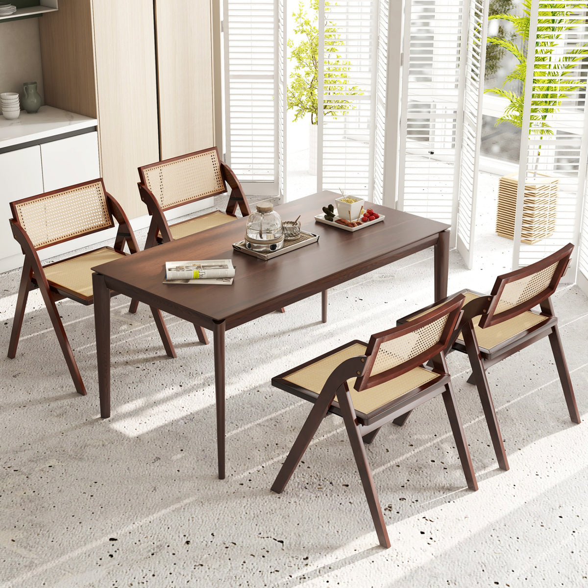 Set of 4 Foldable Dining Chairs with Woven Rattan Backrest